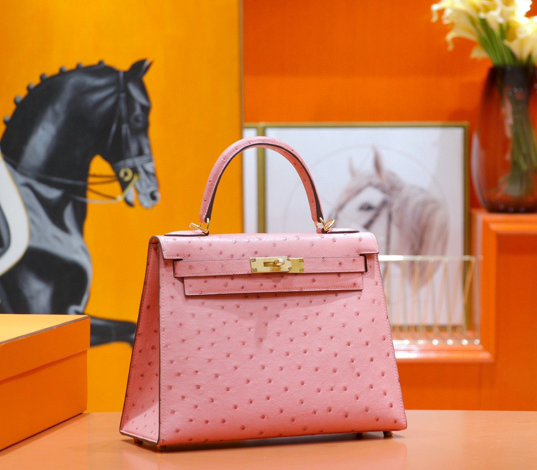 Hermes (Love Hermes) Kelly bag - Ceramic powder - South African ostrich leather - Fully hand-sewn - Gold buckle - 28cm