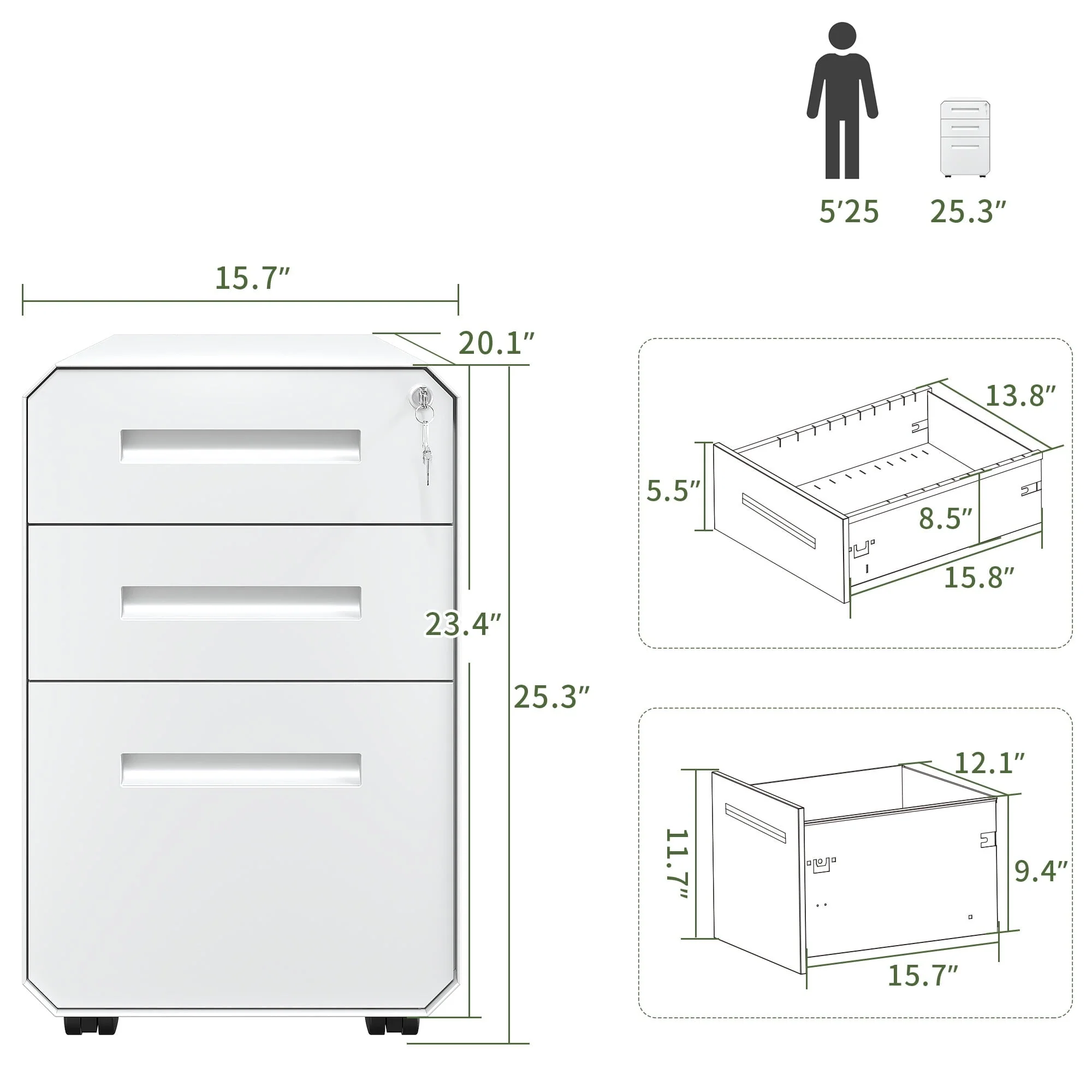 Dextrus 3-Drawer Filing Cabinet Office Drawers with Lock, Divider and Pencil Tray, Portable Metal File Cabinet, Pre-Built Office Storage Cabinet (White)