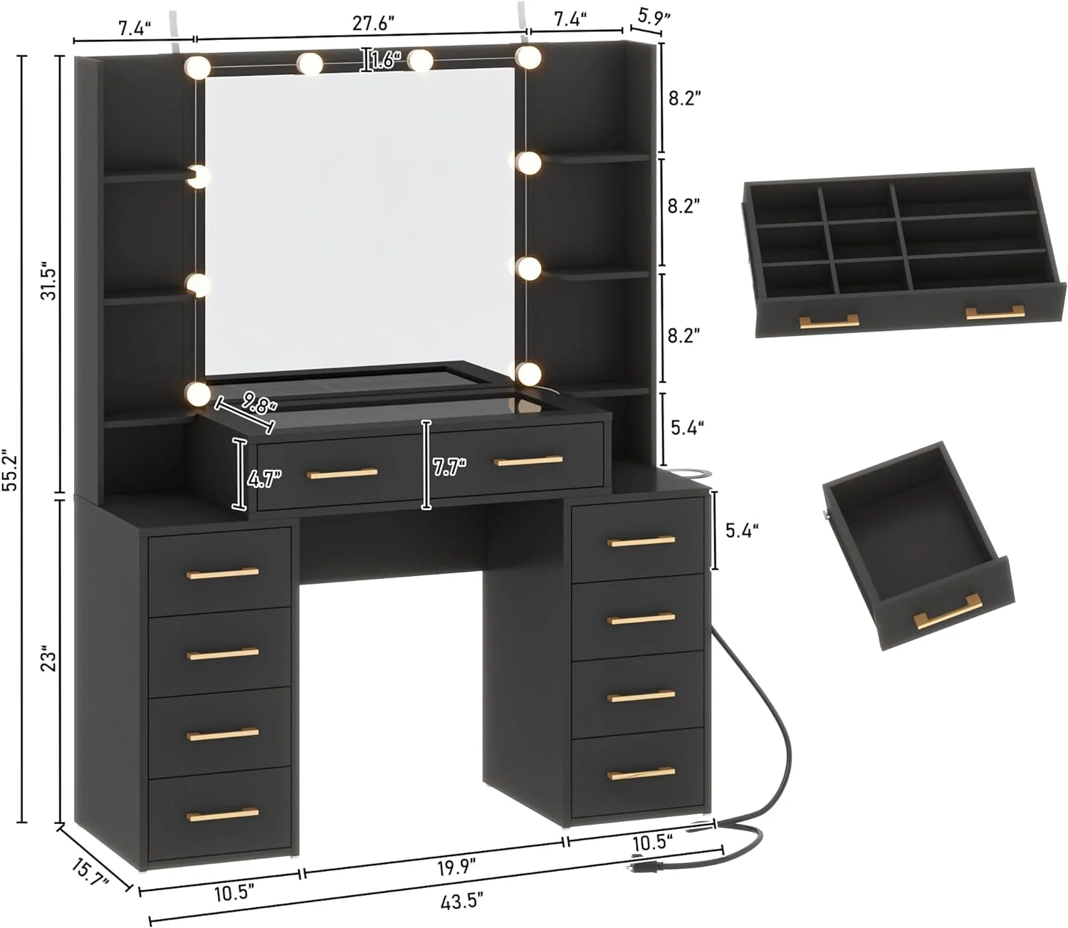 White Vanity Desk with Mirror & LED Lights, Glass Top Vanity Desk with Charging Station & Compartment Storage Drawers, 43