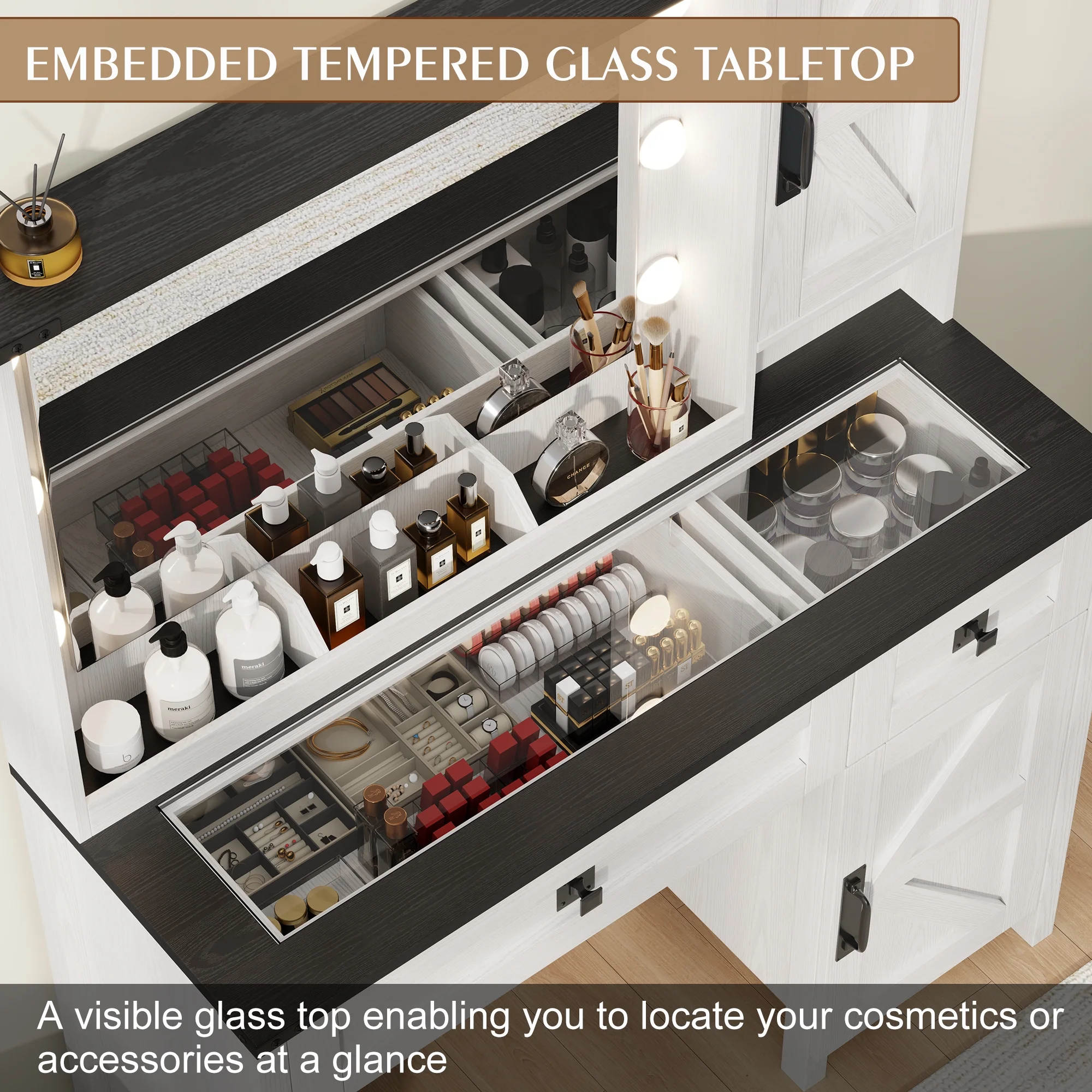 GIKPAL Makeup Vanity, Vanity Desk with Mirror & Glass Top, Farmhouse Vanity with Lights, Charging Station and Drawers, Rustic White