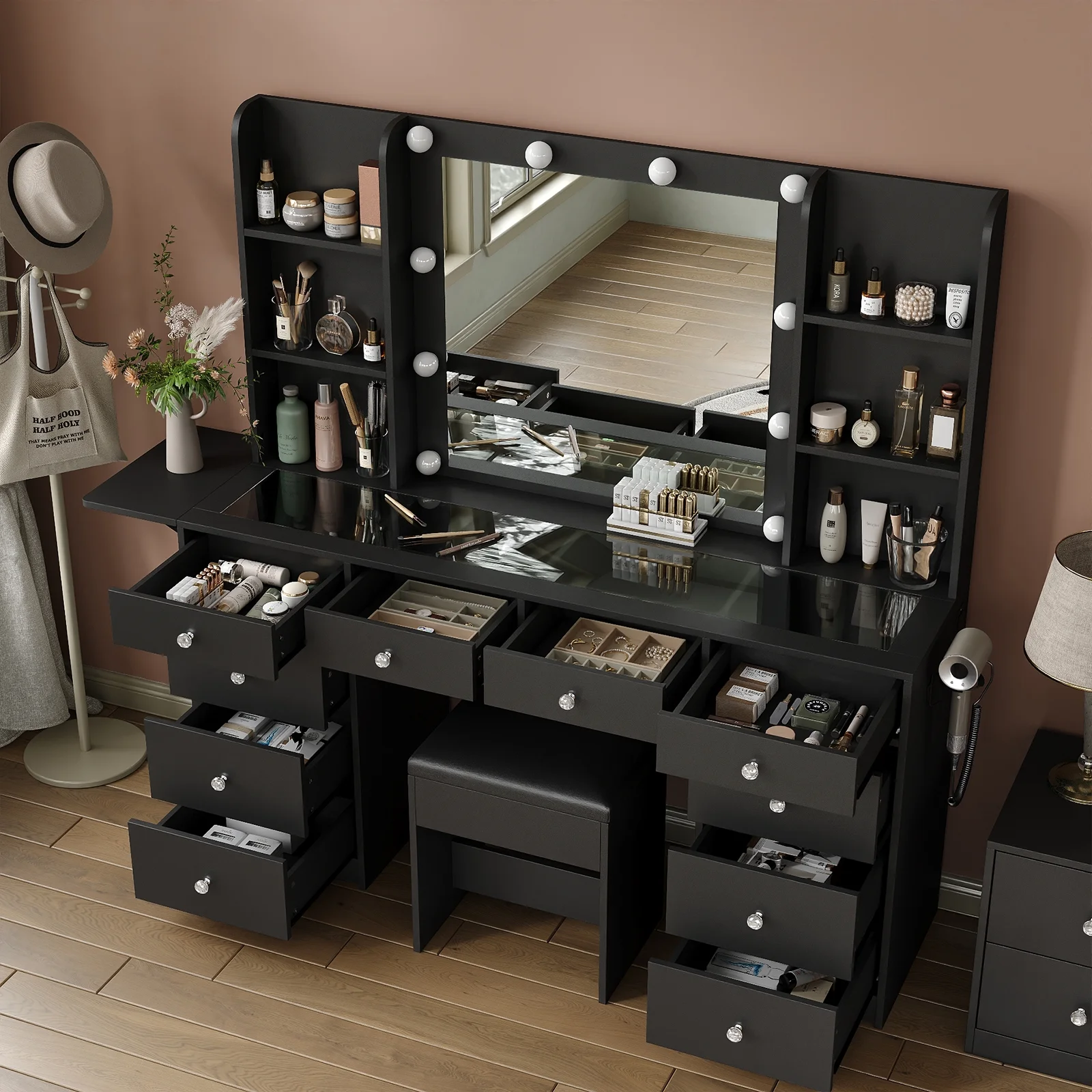 Yanosaku Vanity With Power Outlet, Vanity Desk With Mirror And 10 LED Lights, 10 Drawers Makeup Vanity With 6 Shelves, Fold-Up Panel, Vanity Table With Chair For Bedroom