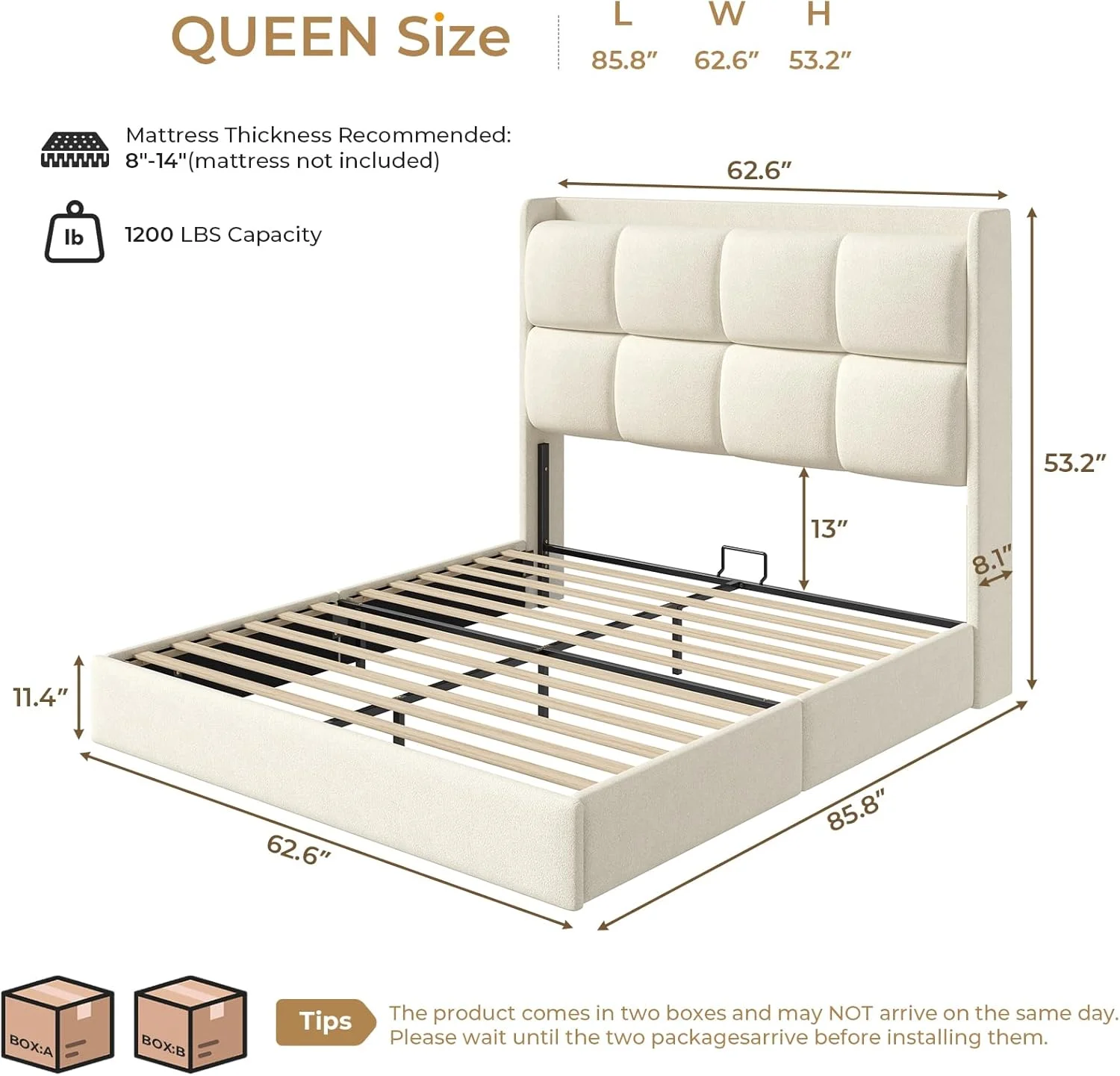 Queen Upholstered Bed Frame with Tall Wingback Headboard Queen Size Platform Bed Frame for Bedroom, Wood Slats Support, No Box Spring Neede, White