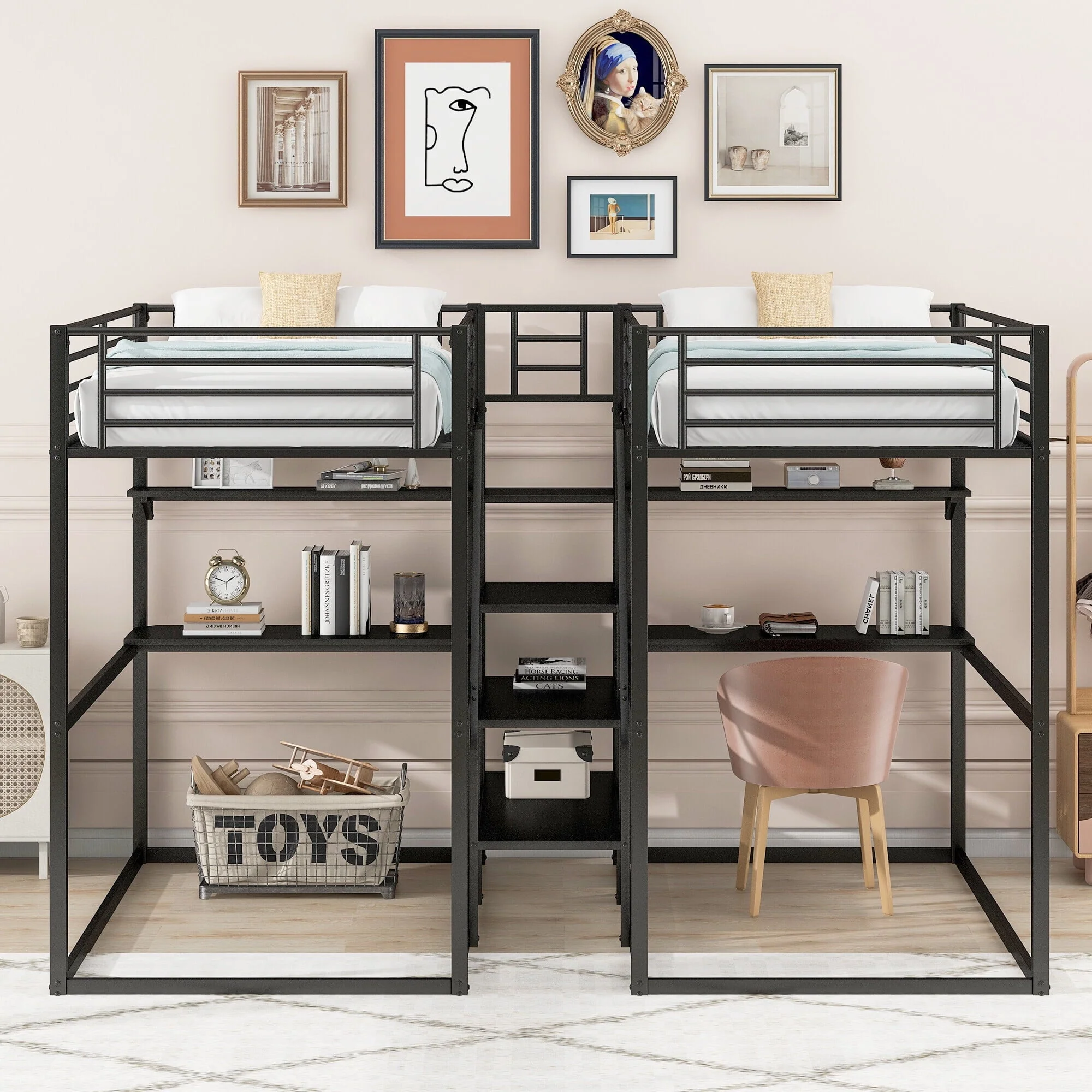DreamBuck Double Twin over Twin Metal Bunk Bed with Desk, Shelves, and Storage Staircase, Black