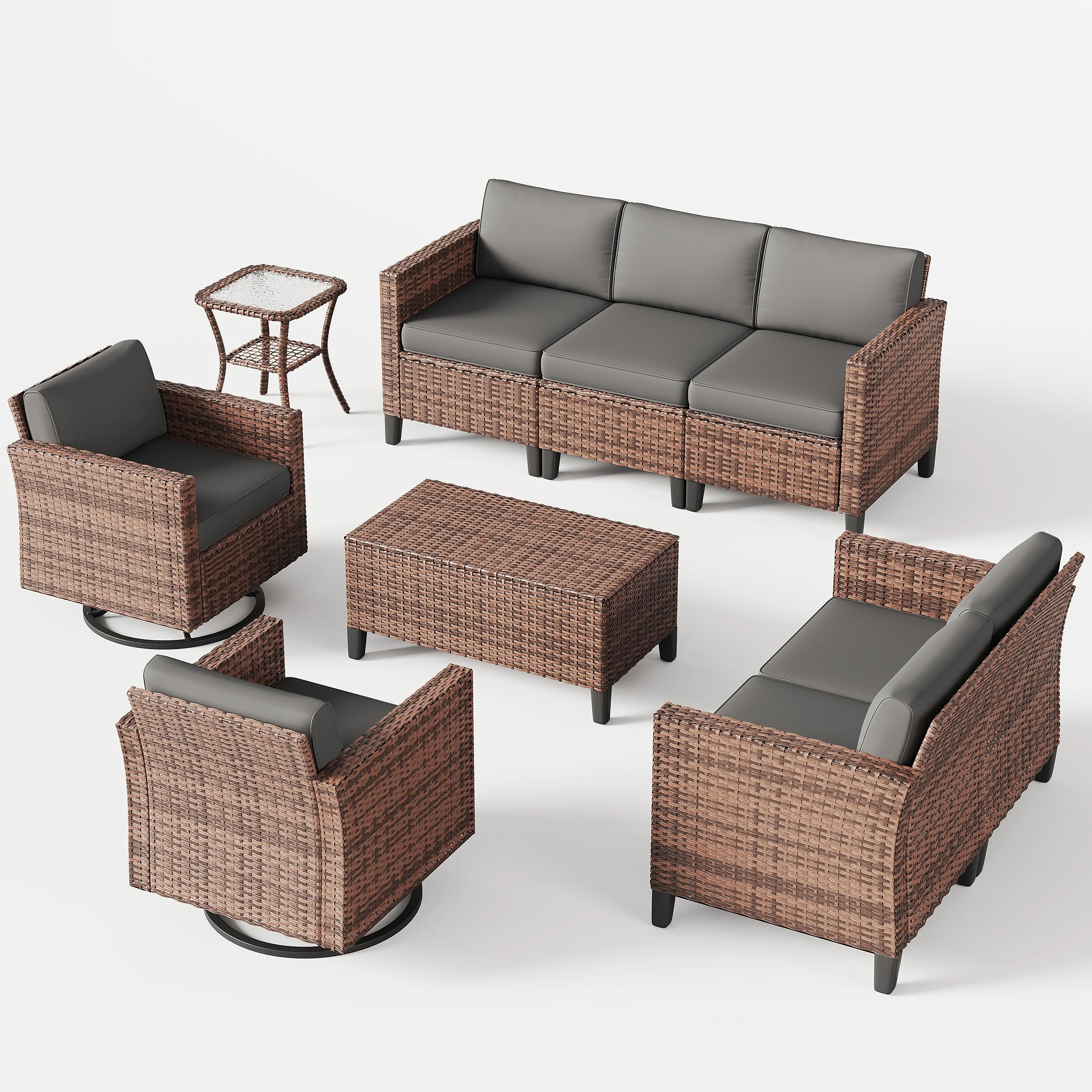 Poteban Outdoor Patio Furniture Set, Rocking Swivel Chair, 9 Pieces Wicker Rattan Sectional Furniture for Backyard (Grey)