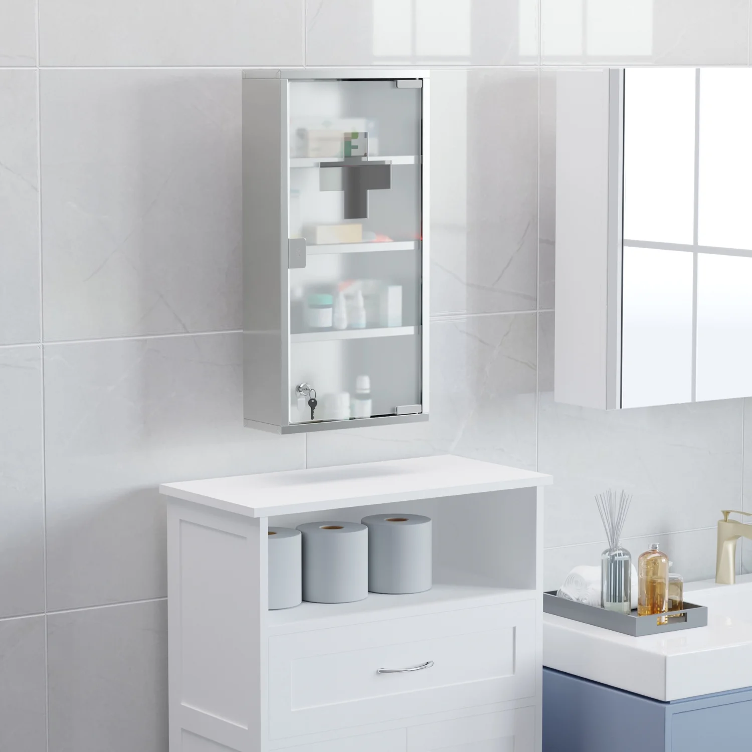 Wall Mounted Medicine Cabinet, with 4 Tier Shelves, Stainless Steel Frame and Glass Door