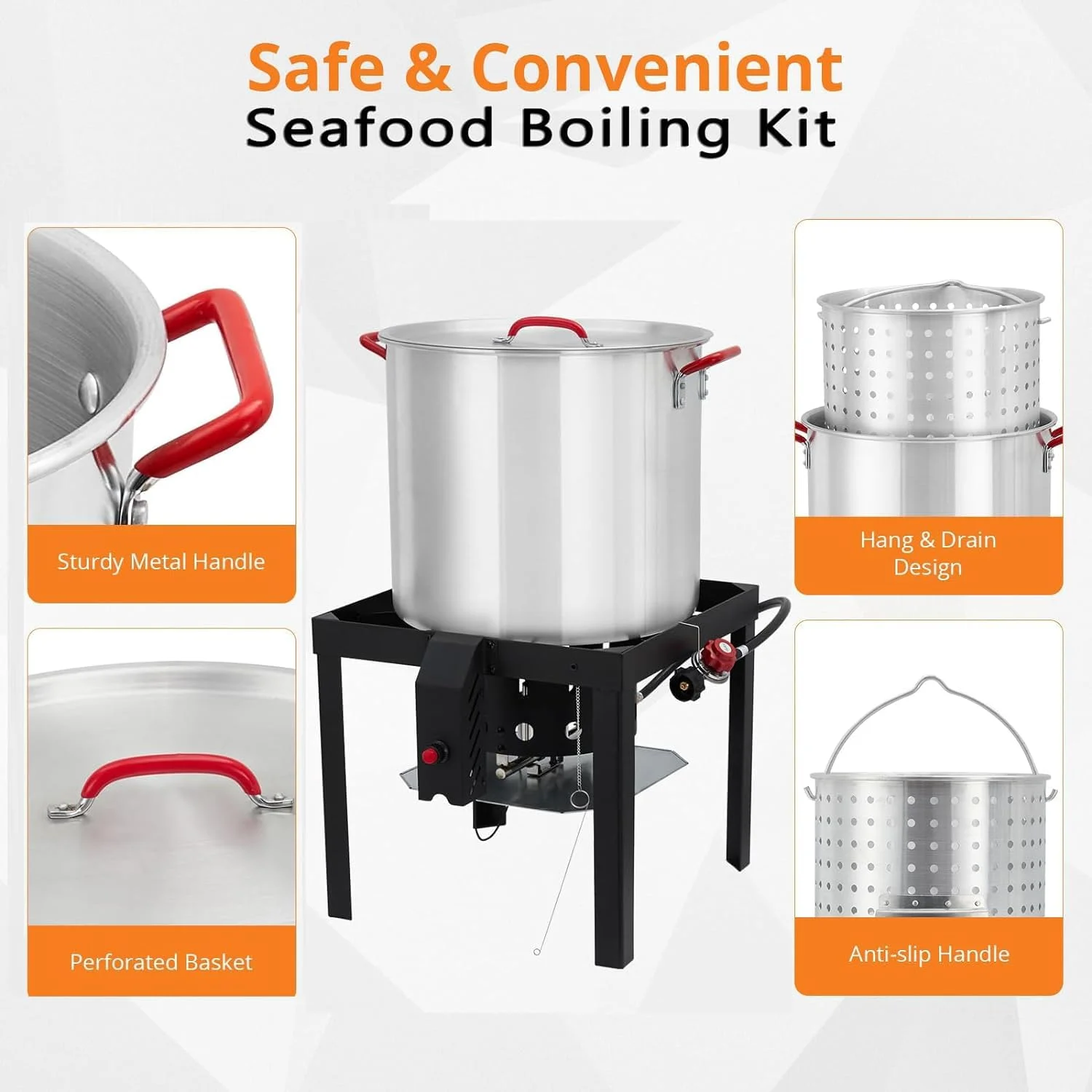 Turkey Deep Fryer Pot, 100 Qt  Aluminum Seafood Boil Pot w/Strainer & Burner Set Crafish Boiler, 110000 BTU Propane Stove Burner