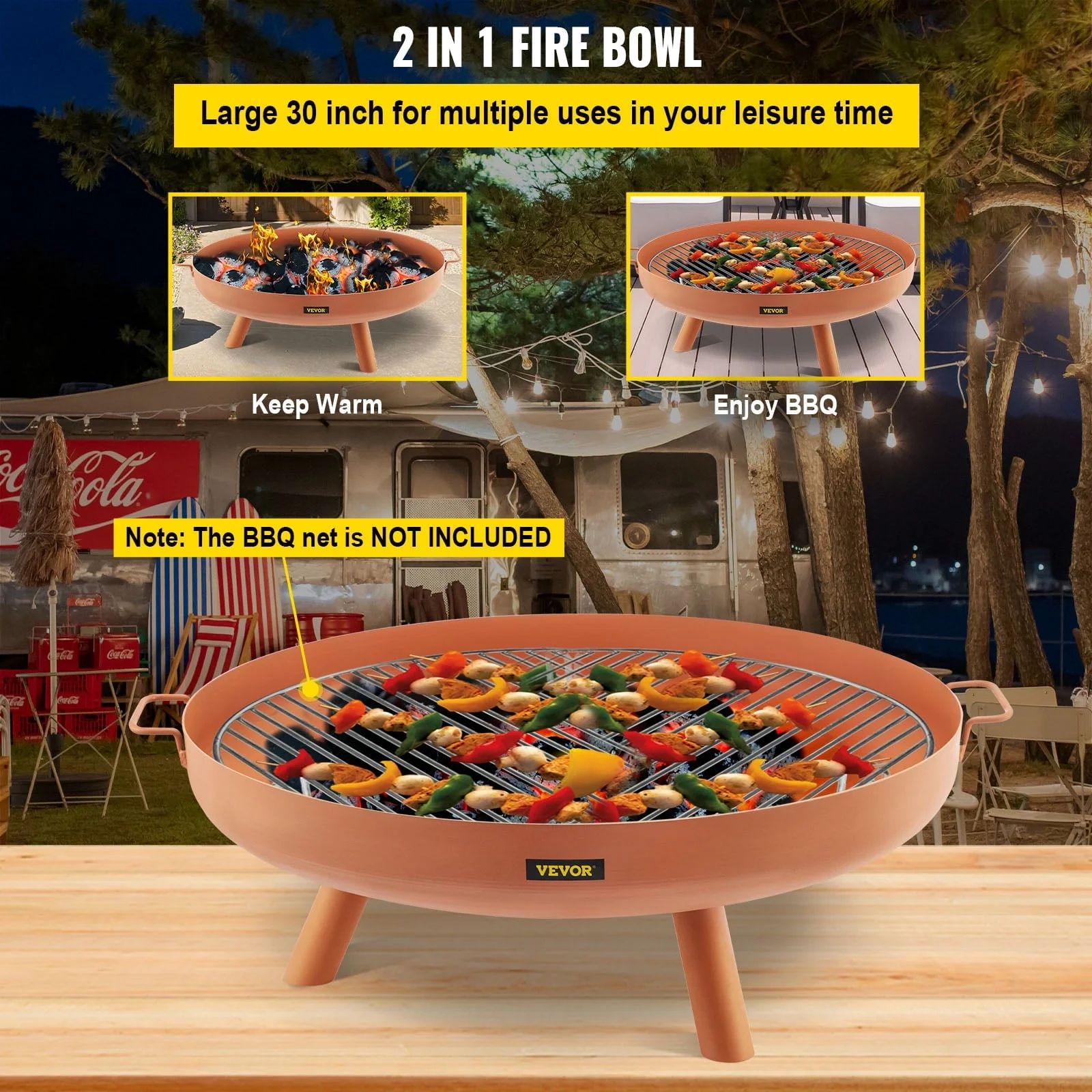 VEVOR Fire Pit Bowl, 30-inch Deep Round Carbon Steel Fire Bowl, Wood Burning for Outdoor Patios, Backyards & Camping Uses, with A Drain Hole, Portable Handles and A Firewood Stick, Brown