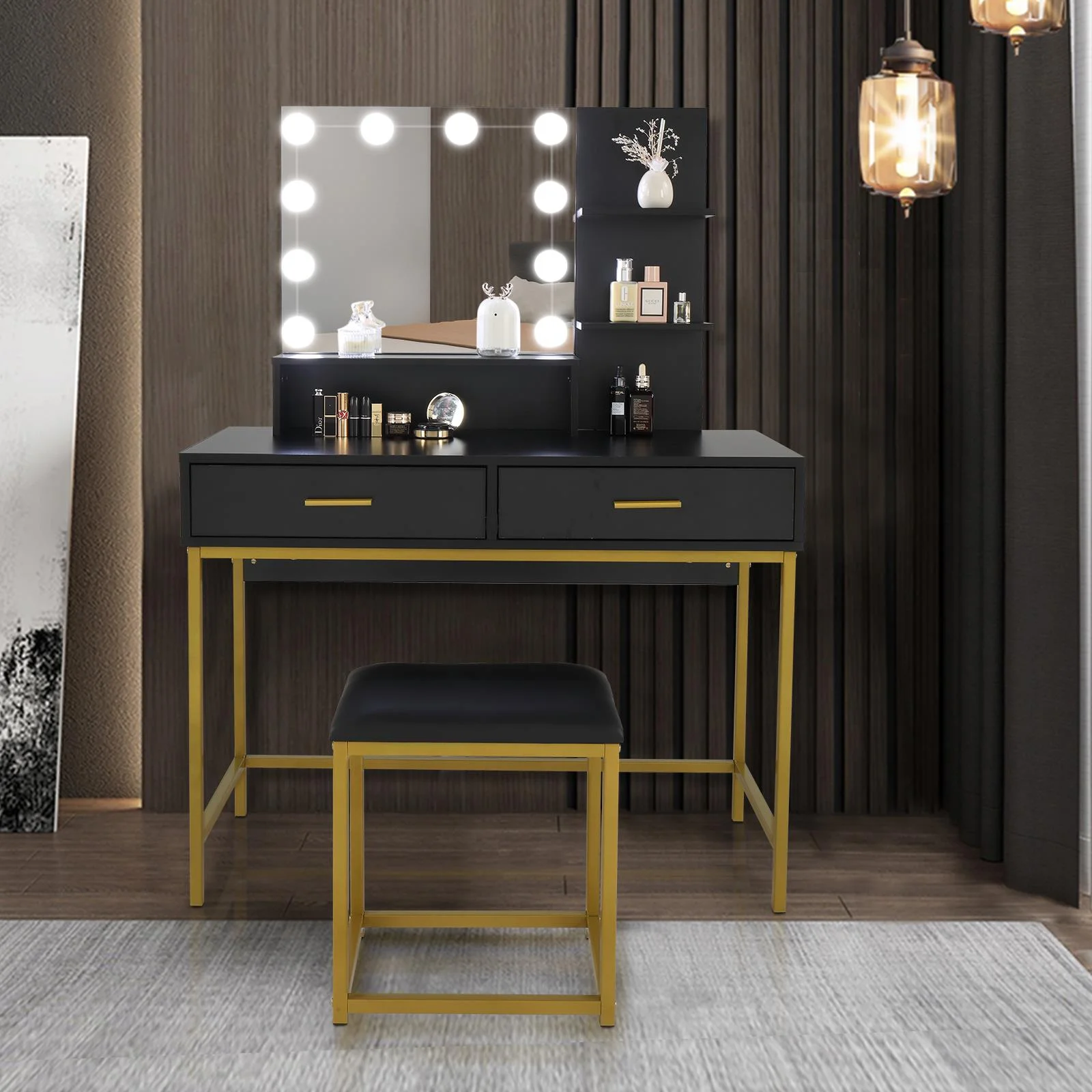 Ktaxon Vanity Table Set with 3 Color Lighted Mirror & Stool, Makeup Vanity Dressing Table, 2 Drawers and Storage Shelves for Bedroom, Gold Vanity Desk for Women (White)