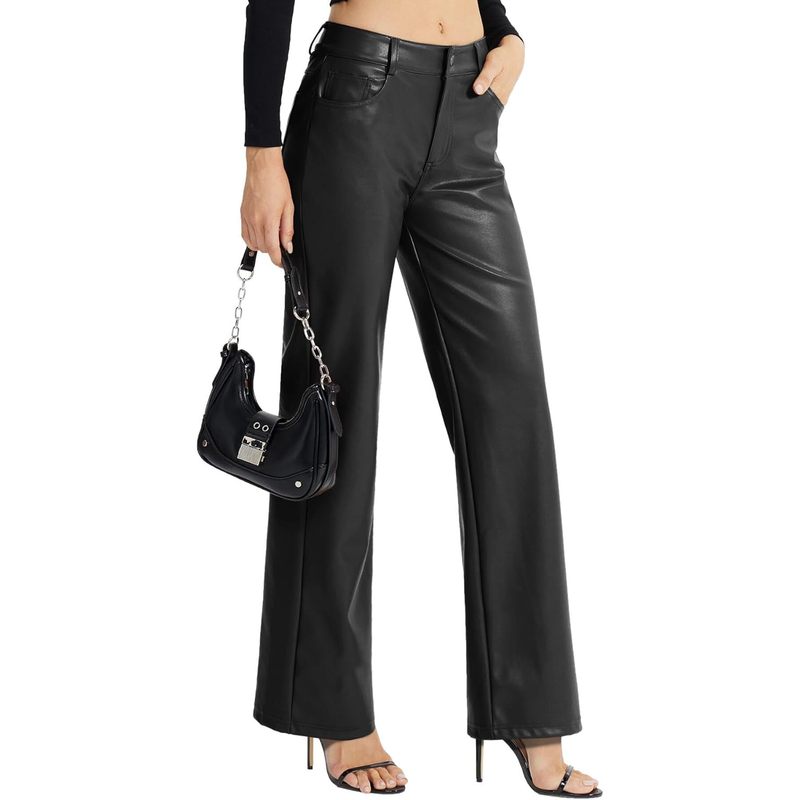 Women's Faux Leather Pants Button Straight Leg PU Jeans with Pockets