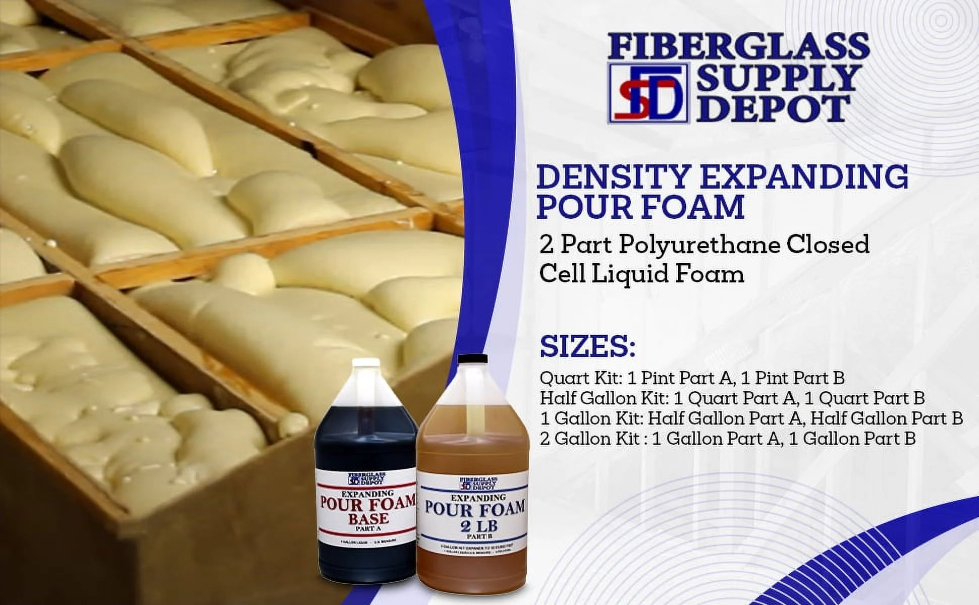 Fiberglass Supply Depot 2 Lb. Density Expanding Foam Kit: 2 Part Closed Cell Polyurethane Liquid Foam for Boat and Dock Flotation, Insulation, Soundproofing and Filling Voids - 2 Gallon Kit
