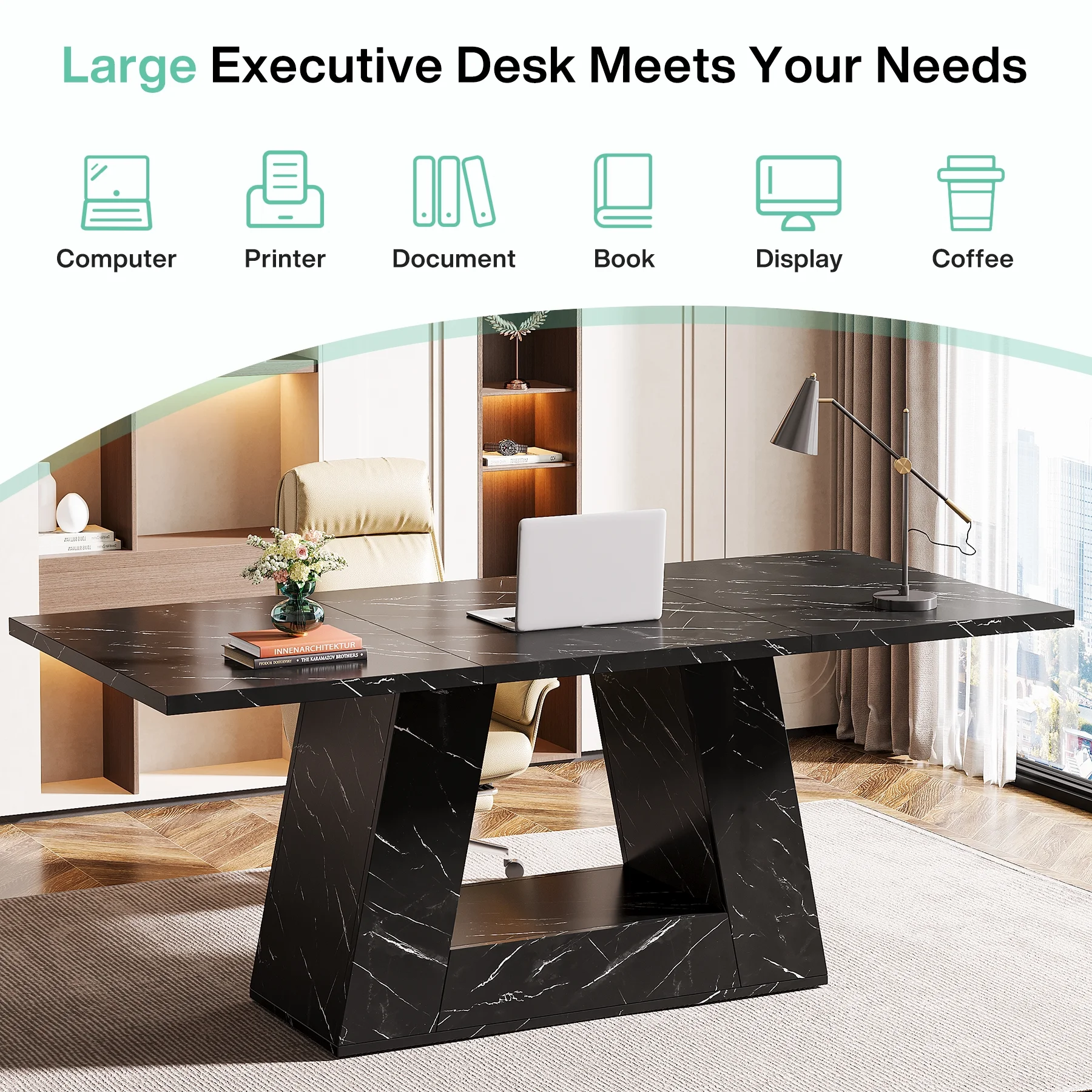 Tribesigns Modern Computer Desk, 63 inch Wooden Faux Marble Study Writing Table with Sturdy Base for Home Office, Black