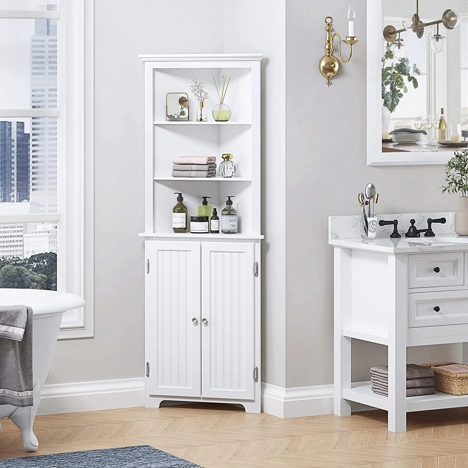 UTEX Tall Corner Cabinet, Free Standing Corner Storage Cabinet with Doors and Adjustable Shelves 23