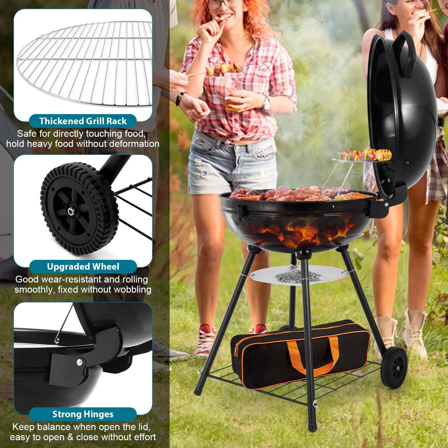 Walchoice 22 inch Charcoal Grill with Wheels & Temperature Gauge, 2 Layer Grilling Racks Heavy Duty Barbecue Grill for Backyard Camping BBQ Cooking, Black Enamel Lid & Bowl