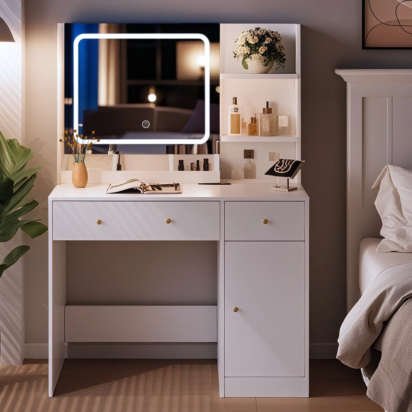 Fenbeli Vanity Set with Mirror and Lights, Makeup Vanity with 3 Drawers, Vanity Desk for Girls, Women, White