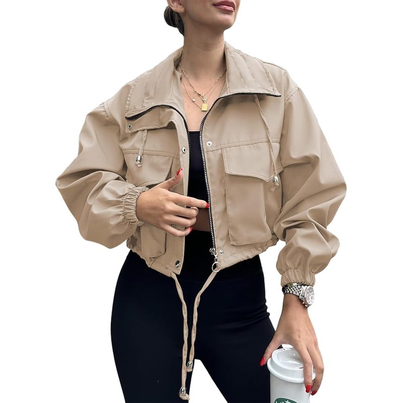 Women's Cropped Jacket Zip Up Lightweight Oversized Utility Anorak