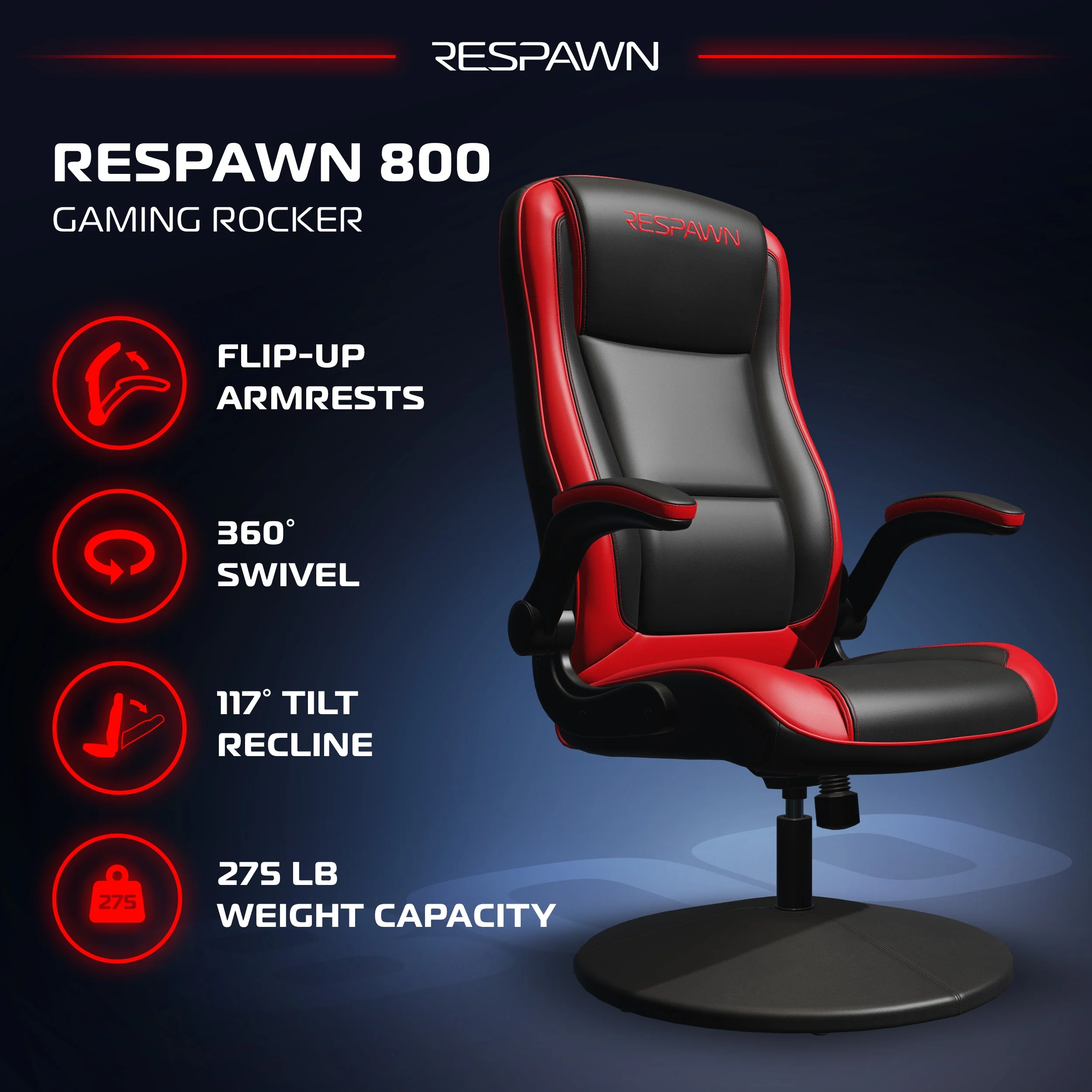 RESPAWN 800 Swivel Rocker Gaming Chair - Ergonomic Floor Gaming Seat with Lumbar Support, Flip Up Armrest, High Back, Pedestal Base, Comfortable No Wheels Console Video Game Rocker Chair - Red