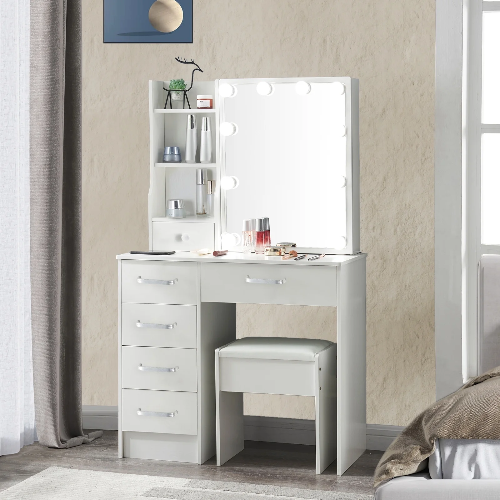 Yamissi Modern Vanity Table with Sliding Mirror and 10 LED Lights, Bedroom Makeup Desk Set with Stool, 6 Drawers & Shelves, White
