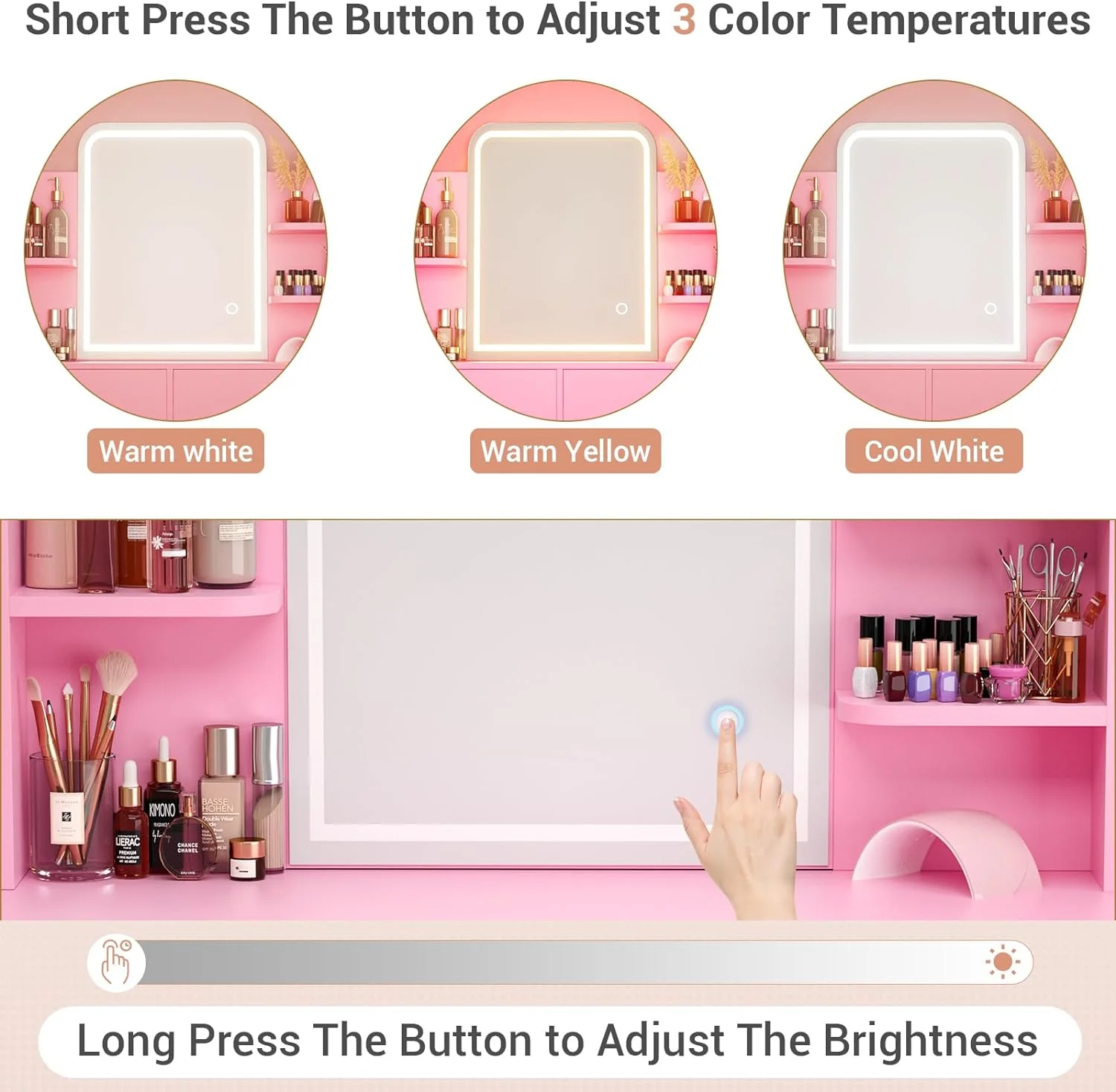 iSunirm Vanity Desk with Mirror and Lights, Makeup Vanity with 2 Drawers, Vanity Table Set with 3 Color Adjustable Lighting Options, Modern Dressing Table with Shelf, for Bedroom, Pink