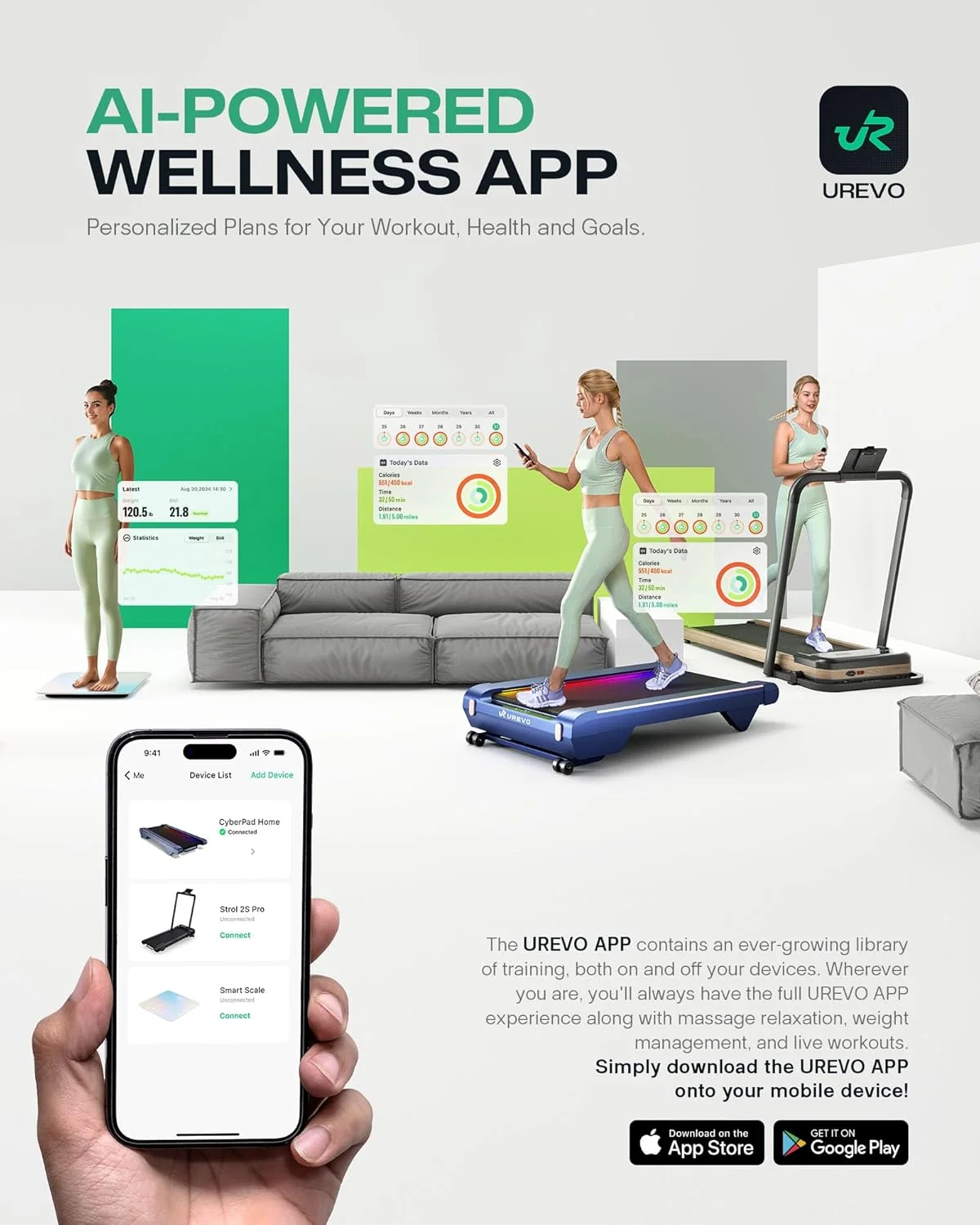 UREVO Spacewalk E1L Smart Walking Pad, Compact Under Desk Treadmill with Double Shock Absorption, Quiet Operation, Workout APP with Track Insights and MIIT Mode, Remote or APP Control for Home Office