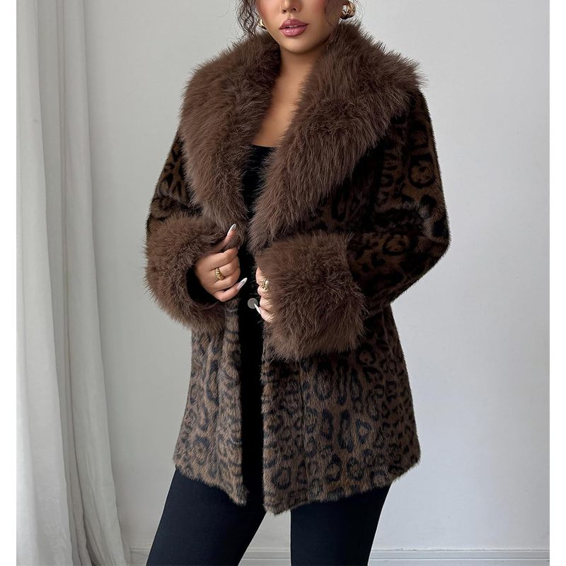 Women's Leopard Print Fluffy Faux Fur Coat Winter Shaggy