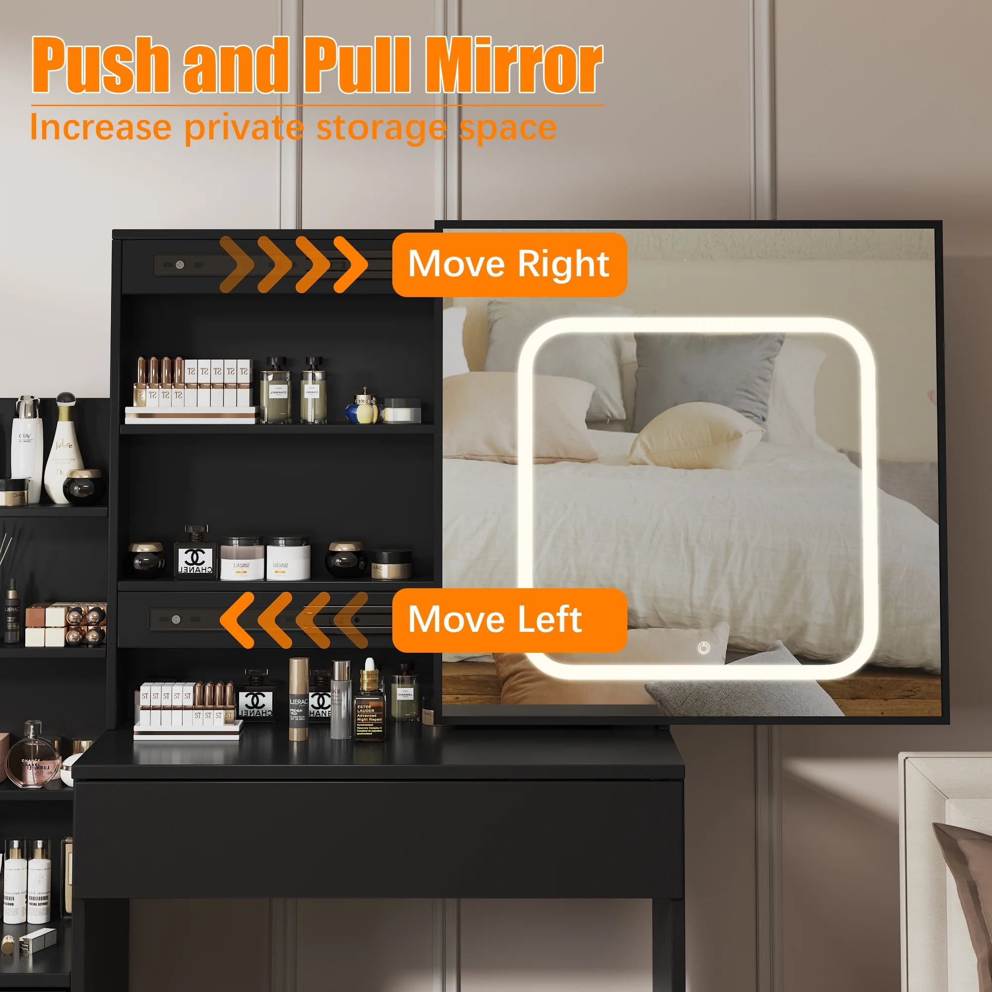 Vanity Desk with Sliding Mirror and Lights, Makeup Vanity Set with 4 Drawers, Stool, Power Outlet, Open Shelves, 3 Color Adjustable Lighting Modes, Makeup Dressing Table for Bedroom, White