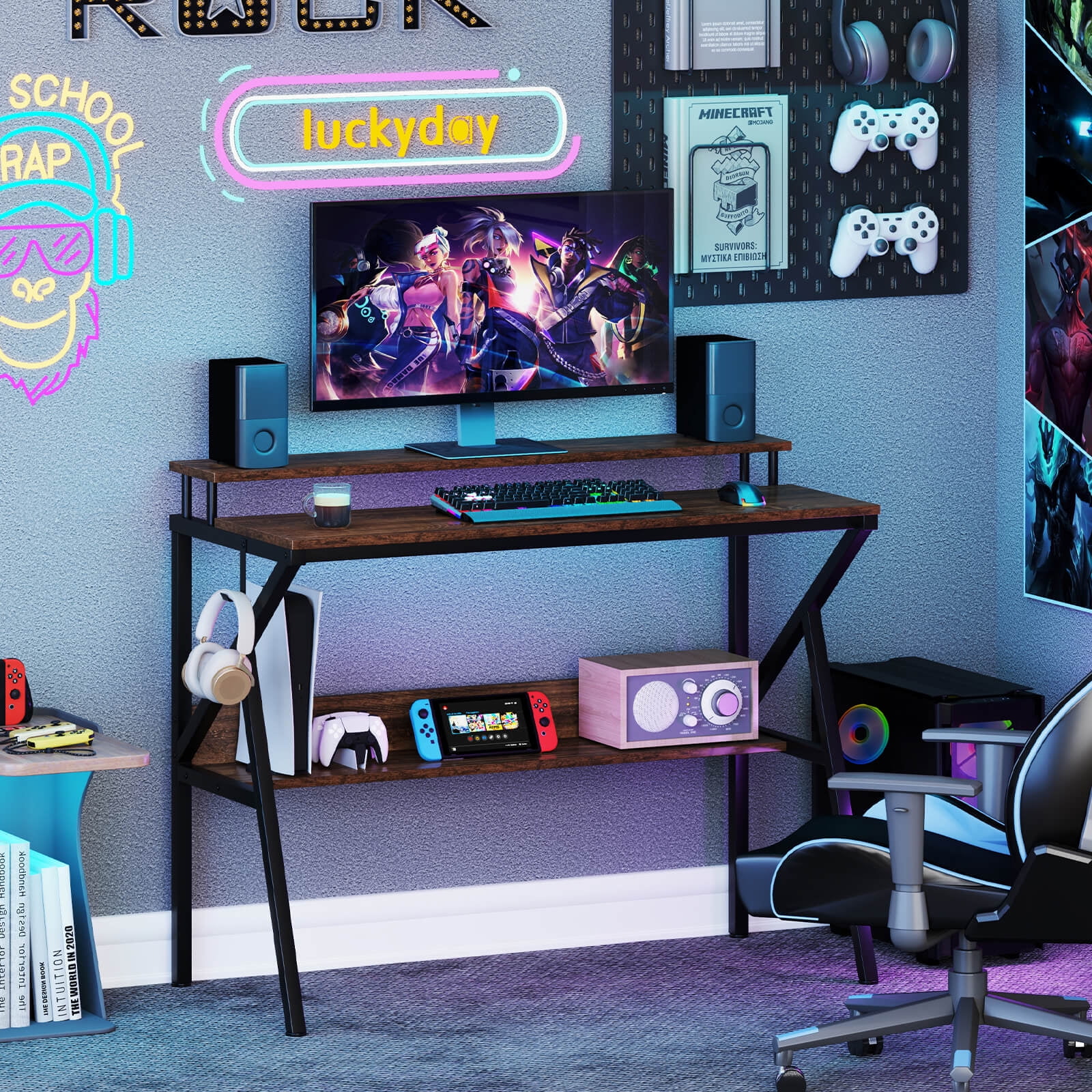 Costway Home Office Desk with Monitor Stand, Open Shelf & Metal Frame, Earphone Hook White