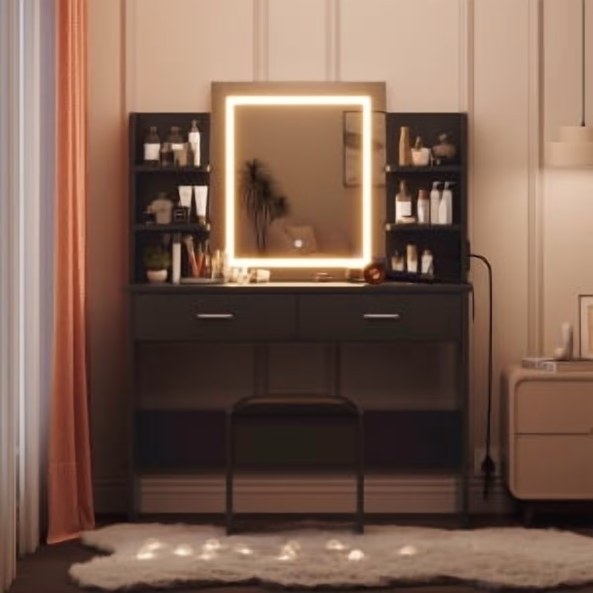 OYang Makeup Vanity Desk with Lighted Mirror and Stool, Vanity Table and Chair Set with 2 Storage Drawer 4 Shelves, Power Outlet, 3 Color Modes Adjustable LED Mirror & Stepless Dimmable for Bedroom
