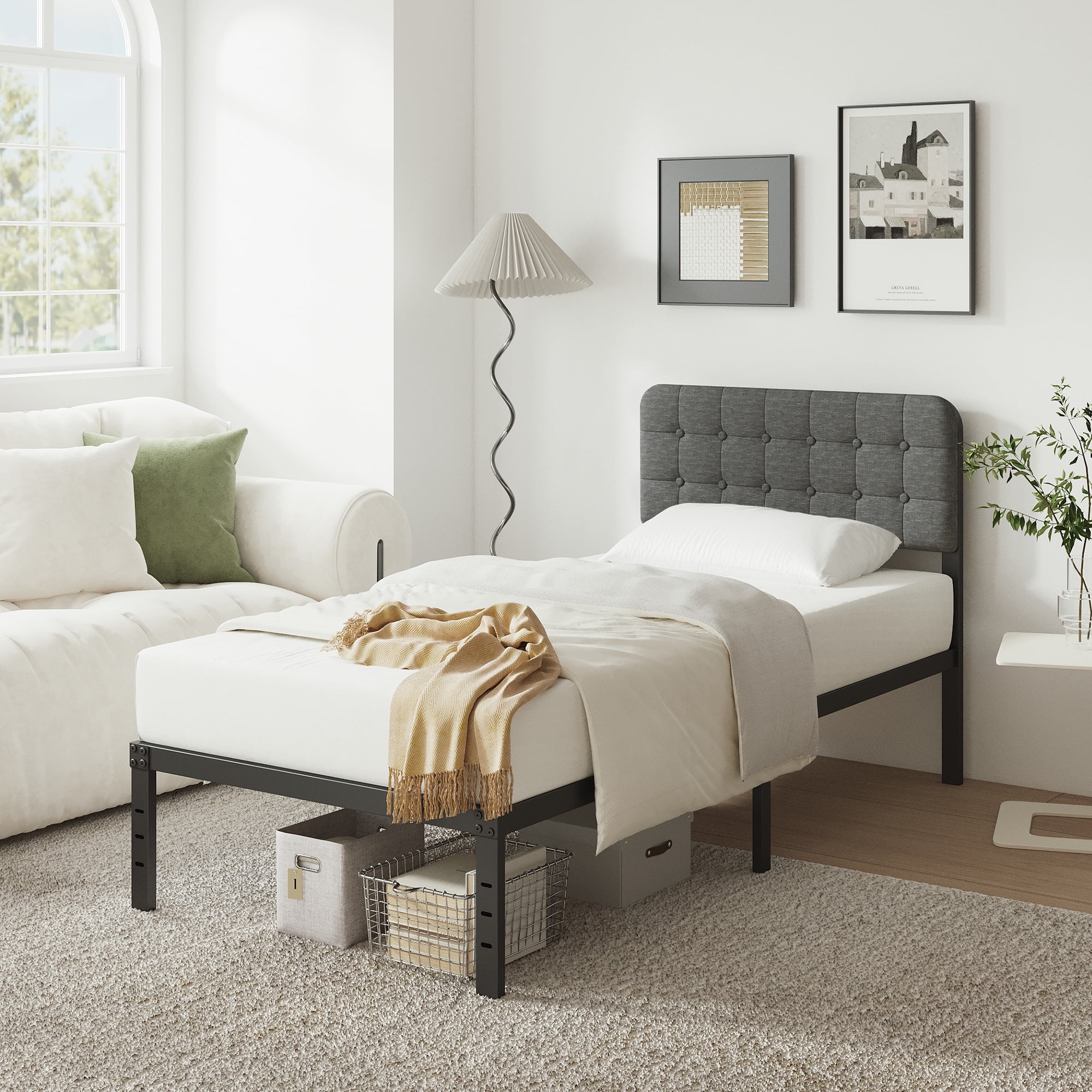 Maenizi Twin XL Bed Frames with Upholstered Headboard, 18 Inch Twin XL Metal Bed Frame No Box Spring Needed, Heavy Duty Metal Slats, Noise Free, Easy Assemble, Grey