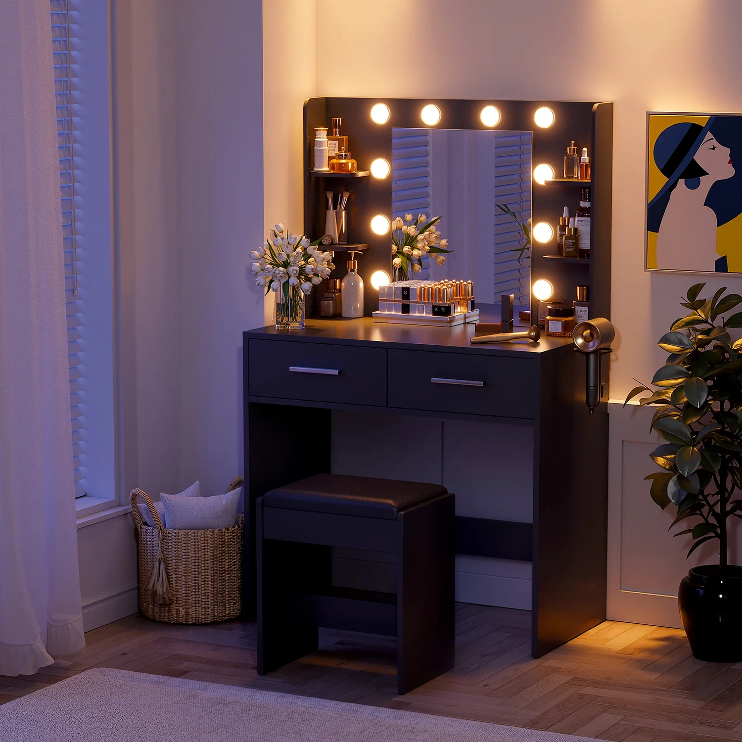 Vineego Makeup Vanity Desk with Lighted Mirror & Power Outlet, Makeup Vanity with stool,White