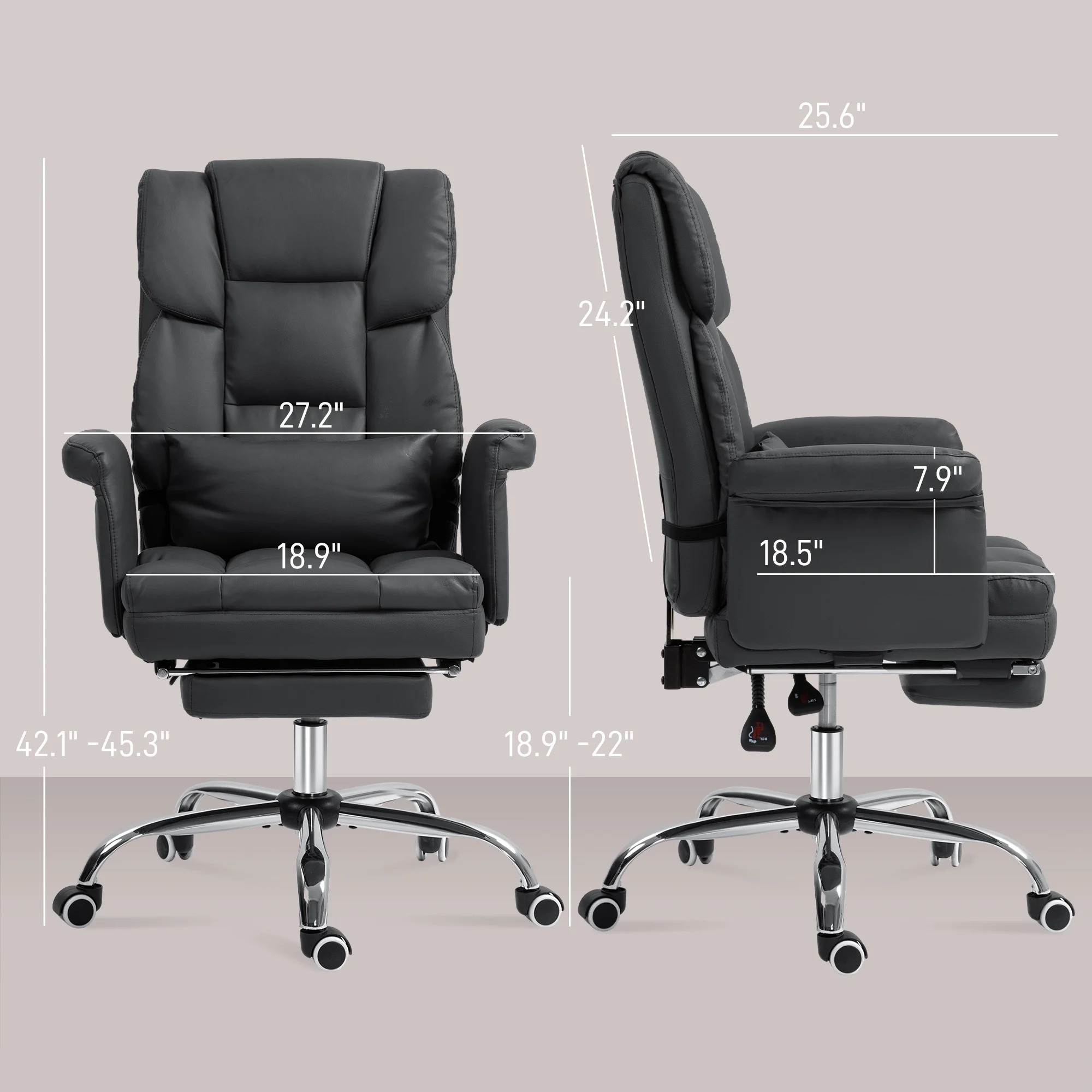 HOMCOM Executive Office Chair with Footrest and Lumbar Support, PU Leather Office Desk Chair, Ergonomic, Reclining and Swivel Chair, Black