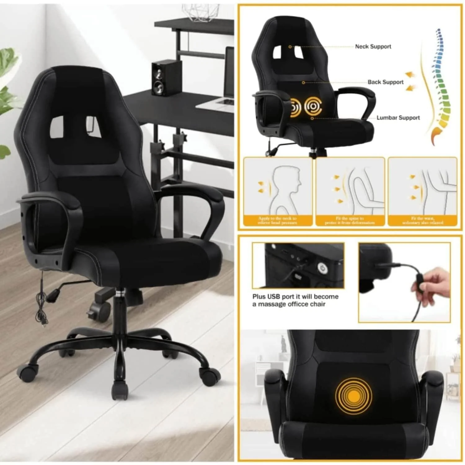 Dkelincs Gaming Chair Massage Computer Chair Ergonomic Video Game Chairs, Adjustable Office Desk Chair with Lumbar Support & Armrest for Teens & Children, Black