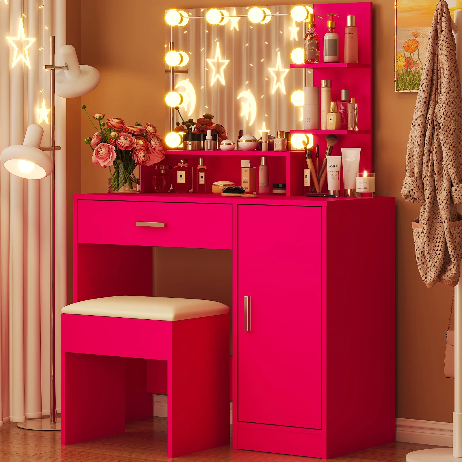 Ktaxon Vanity Set with 3 Color Lighted Mirror, Makeup Table with 3 Storage Shelves & Drawers, Dressing Table Makeup Desk with Stool,White
