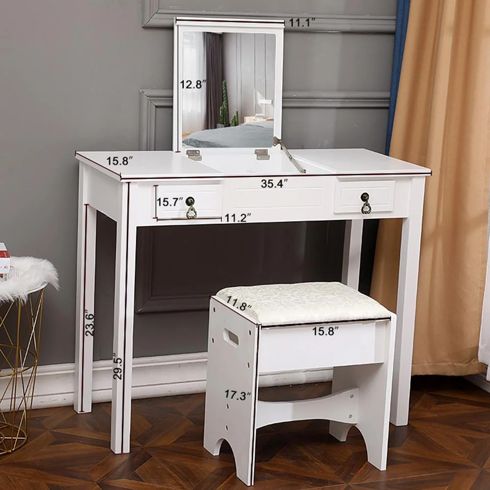 Ktaxon Vanity Set,Flip-top Mirror Dressing Table Makeup Vanity Table Writing Desk with 2 Drawers and Stool, White