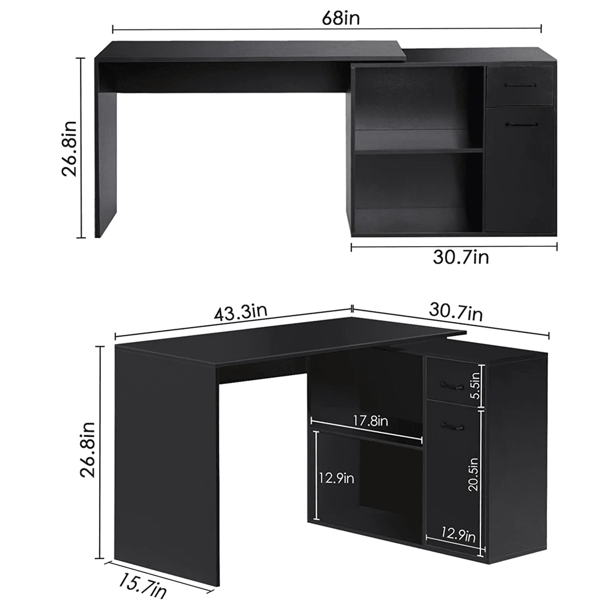Hoffree 180 Degree Rotating Computer Desk with 2 Open Shelves  68 inch L-Shaped Desk with Drawers & File Cabinet Study Workstation for Home Office & Bedroom, Black/White