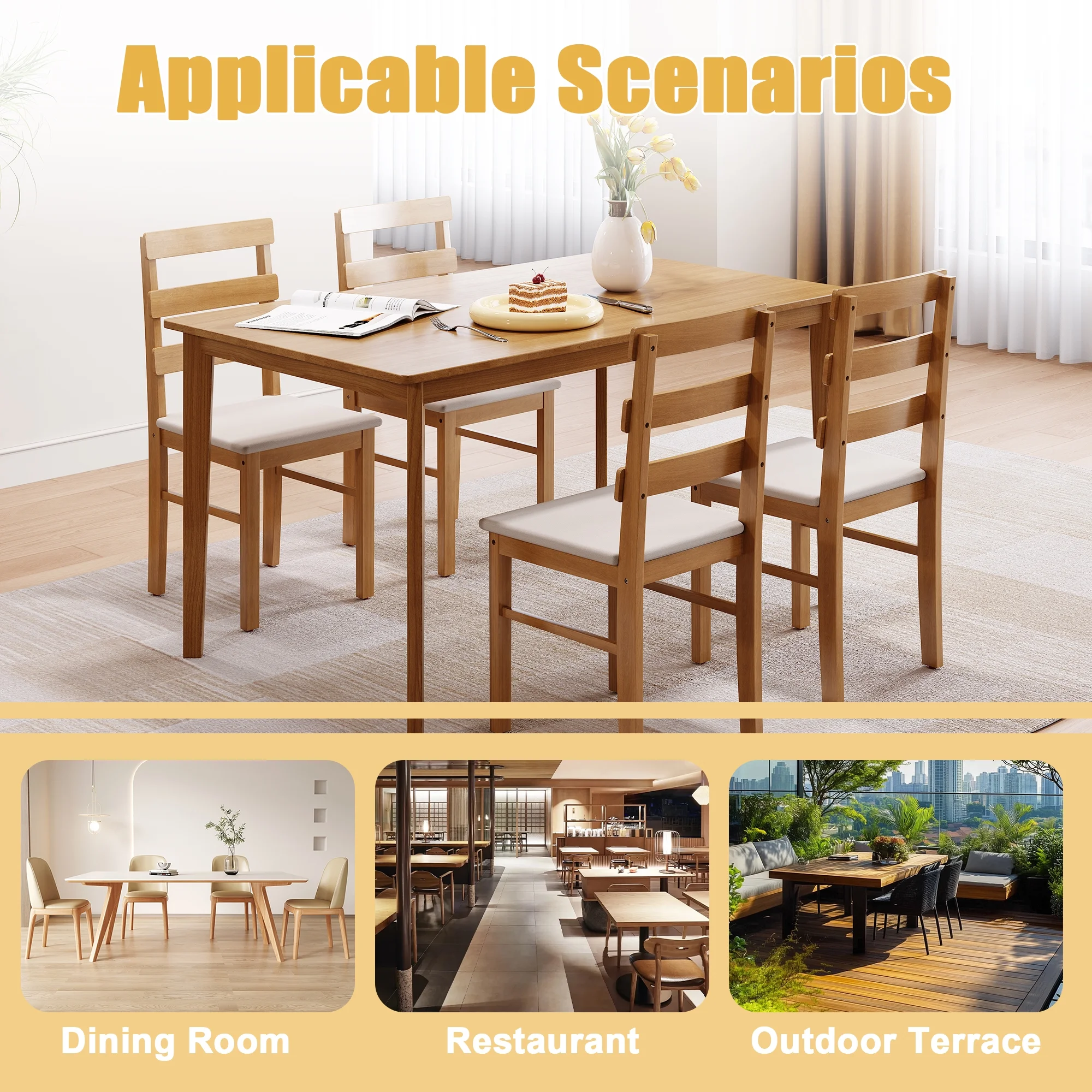 Homefun 5 Piece Solid Wood Dining Set Natural Wood Grain Rectangle Table 4 Chairs Farmhouse Kitchen Table Set