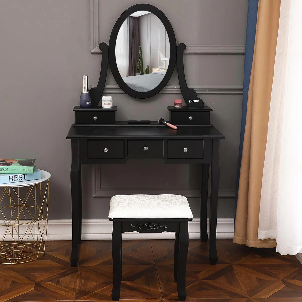 SamyoHome Oval Mirror Vanity Makeup Dressing Table and Stool Set Jewelry Desk with 5 Drawers, Black