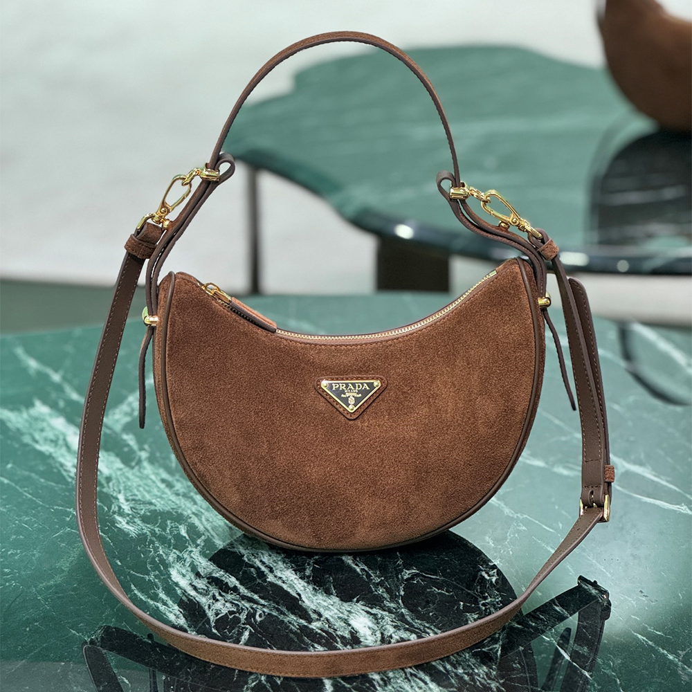 Prada Women Brown Arqué Suede Moon Shoulder Bag