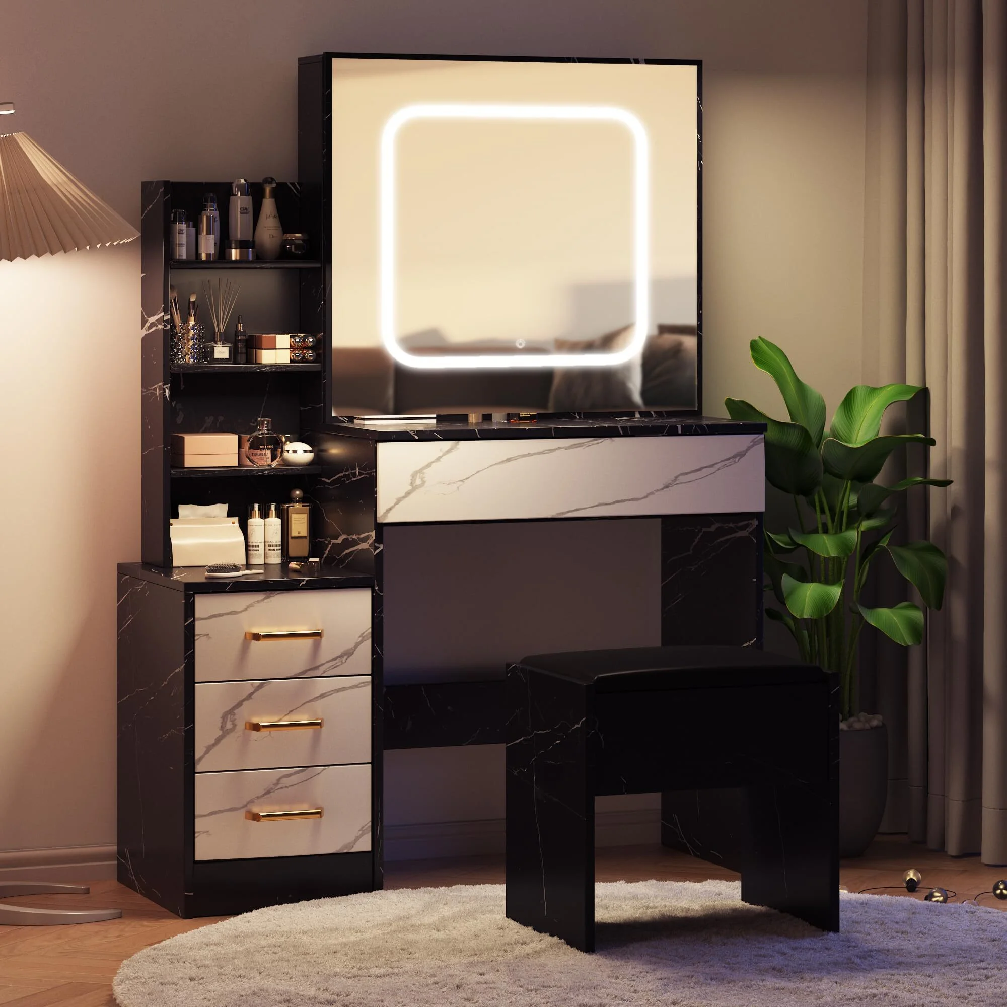 Vanity Desk with Sliding Mirror & Lights, Makeup Vanity Set with Charging Station 4 Drawers 7 Shelves, Large Vanity Set with Cushioned Stool for Bedroom, White