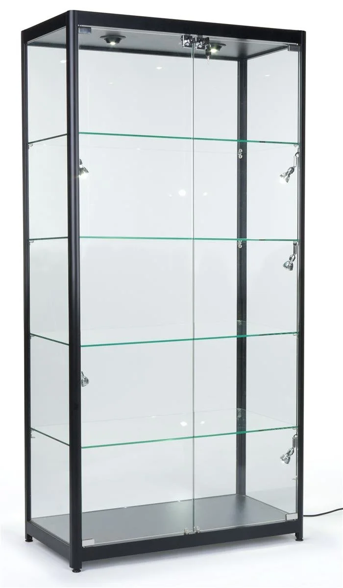 Displays2go Black LED Trophy Showcase, Locking, LED Lighting, Tempered Glass, Laminated MDF & Aluminum �C Black (LESC10478B)