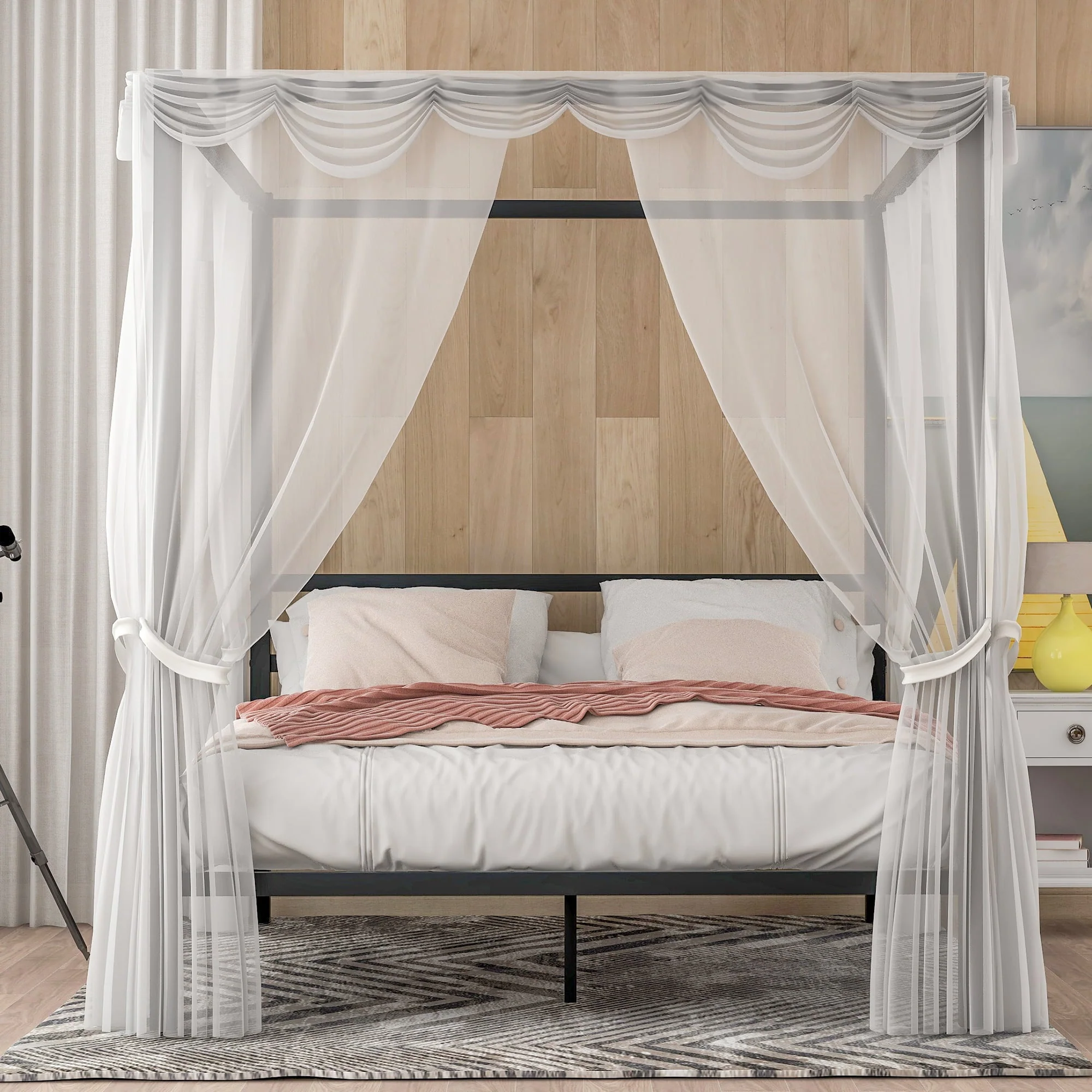 DreamBuck Queen Canopy Bed Frame, Metal Framed Canopy Bed, Platform Queen Bed with Built-in Headboard, Bed Frame Queen Size, No Box Spring Needed, Classic Design, Black