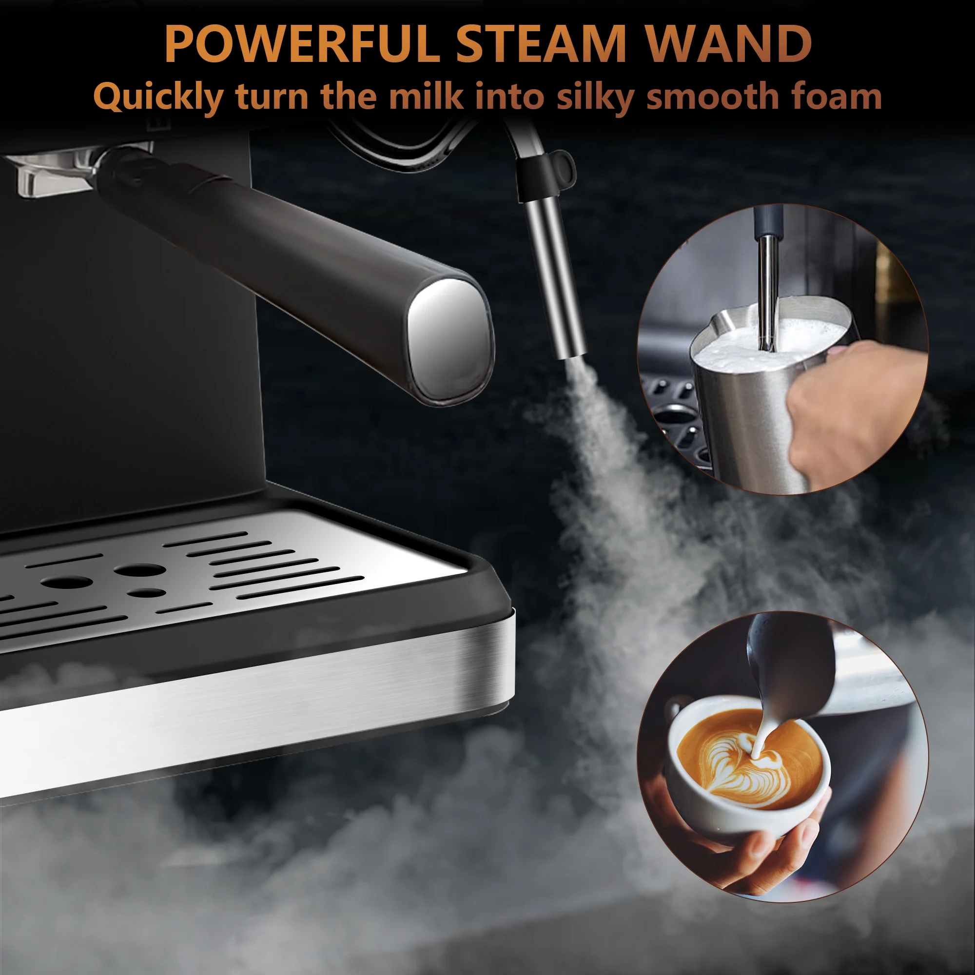 Bluebow Espresso Machine 20 Bar, 1.5L Water Tank Pressure Gauge Milk Frother Steam Coffee Maker, Silver