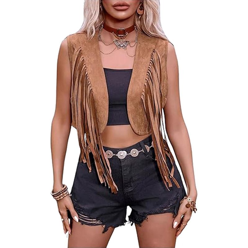 Women's Tassel Vest 70s Hippie Vest Sleeveless PU Fringe