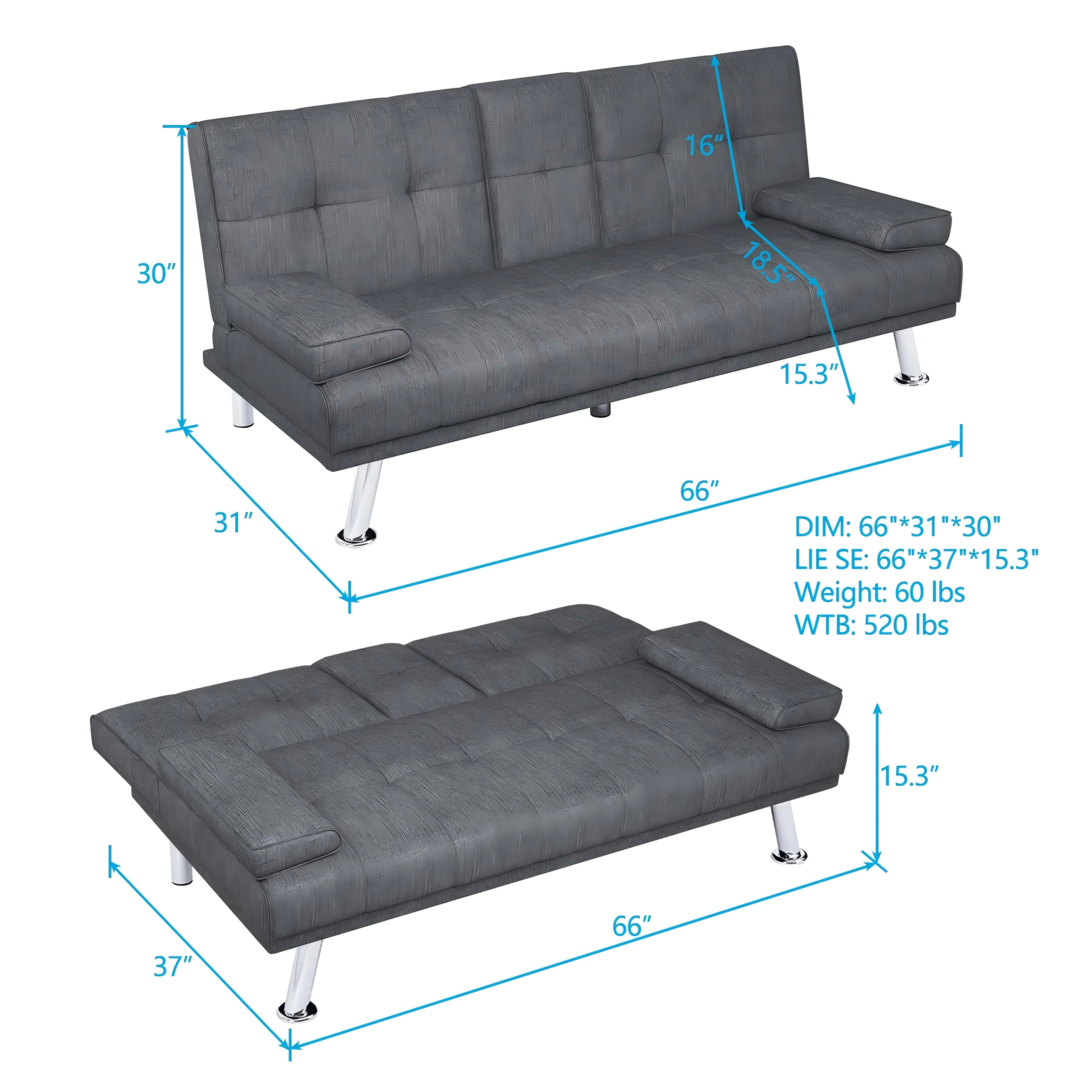 BEABA Futon Sofa Bed Modern PU Faux Convertible Couches with Cup Holder and Pillows Folding Furniture Upholstery