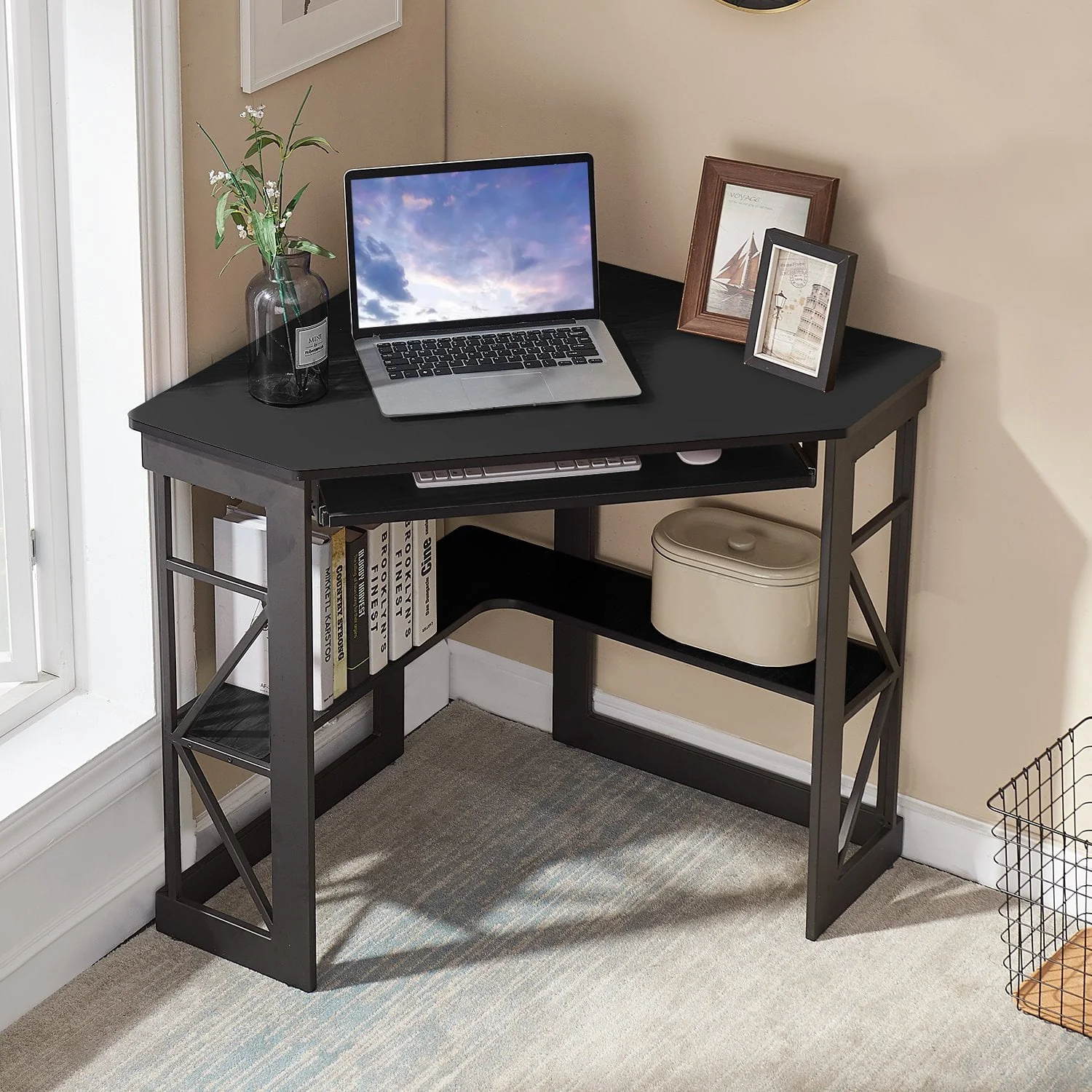 VECELO Corner Computer Desk with Keyboard Tray and Storage Shelf, Student Study Writting Table Workstation for College Dorm Apartment Home Office, Black (90 Degrees)
