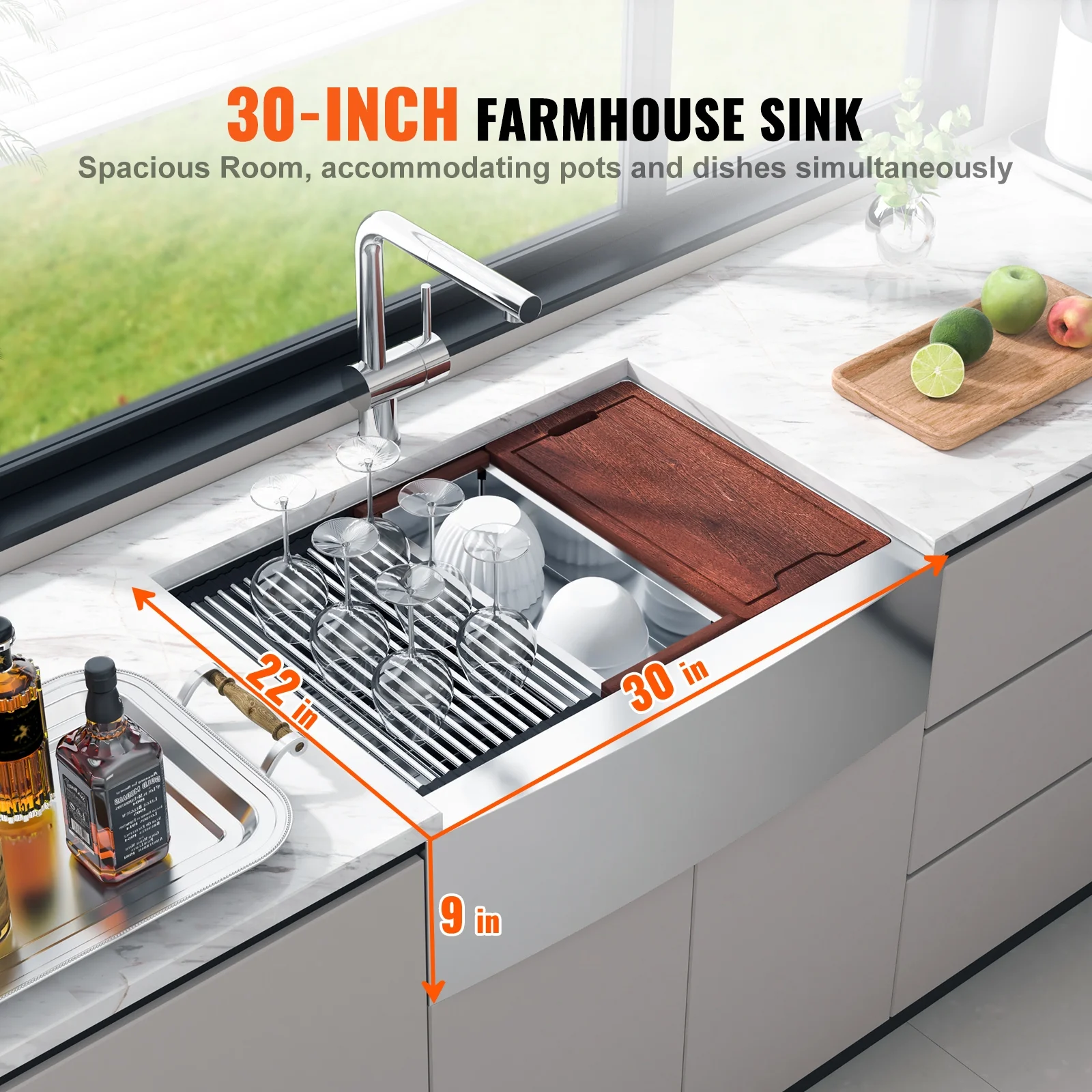 KFFKFF 30''x22'' Kitchen Sink, Farmhouse Kitchen Stainless Steel Sink,  Drop-In Single Bowl with Multi-functional Accessories, Ideal for Home Dishwasher, Preparation Area