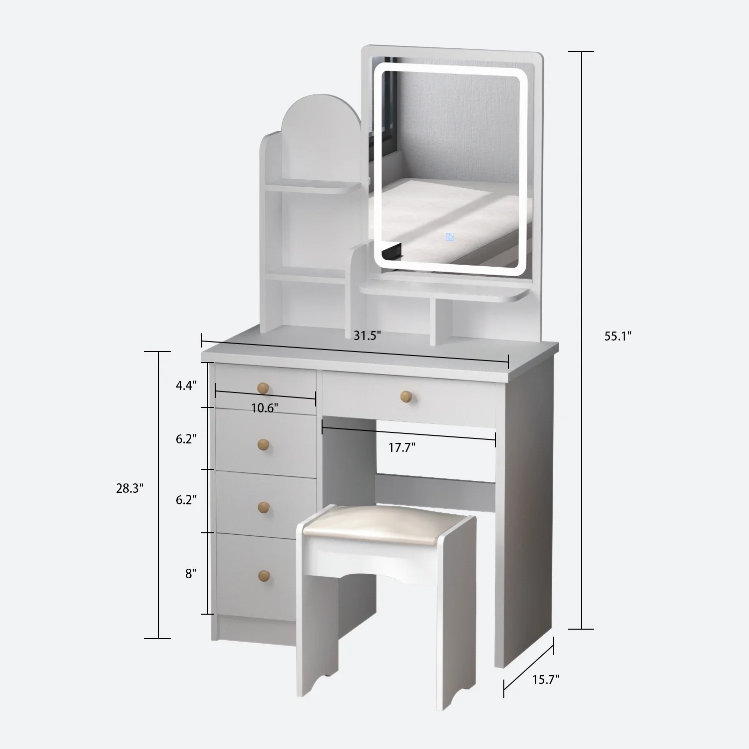 KULAGAGA Vanity Table Set with Light Mirror, Makeup Table with 3 Storage Shelves & 5 Drawers, Dressing Vanity Tables with , Dresser Desk for Girls, Women, White