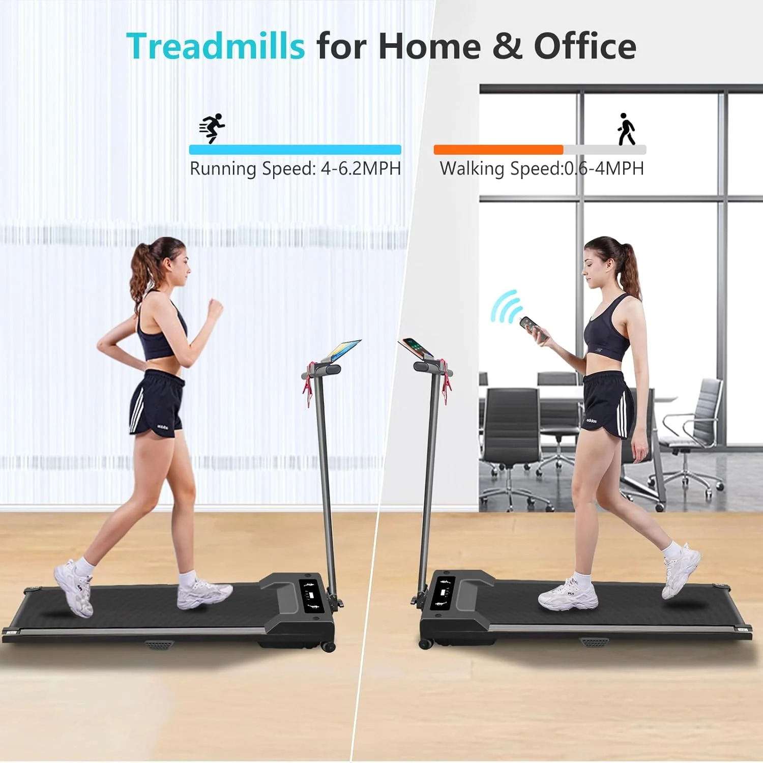2 in 1 Walking Pad Treadmill, Foldable Treadmills with Handle Bar, 2.5HP Portable Folding Treadmill with Remote Control, Under Desk Treadmill for Home Office, 300lbs, Black