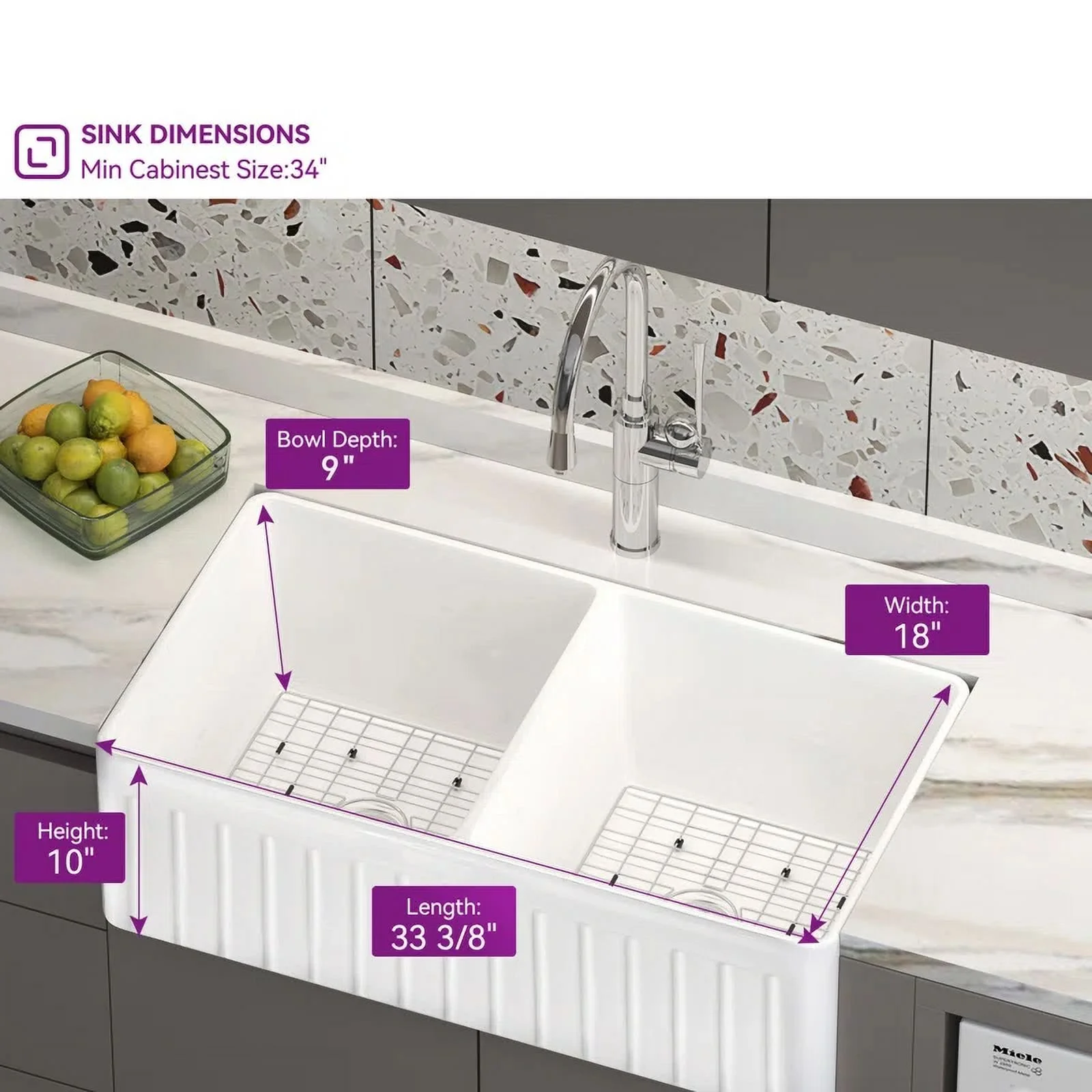HOROW 33x18 inch Fireclay Kitchen Sink Undermount Double Bowl Apron-front Ceramic with Bottom Grid and Strainer