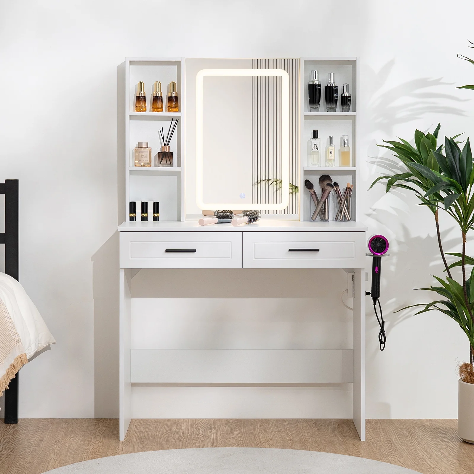 Hommpa Vanity, Makeup Vanity with LED Lighted Mirror Vanity Desk with Drawers Vanity Table with Charging Station for Girls Bedroom Storage Shelves, White