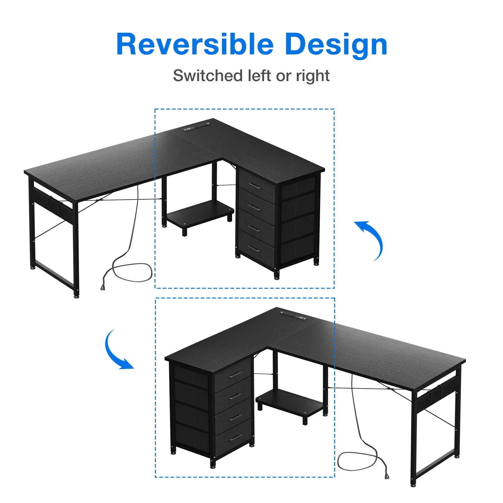 Reversible Modern Simple Style L Shaped Desk with Charging Station and Drawers, Pure Black